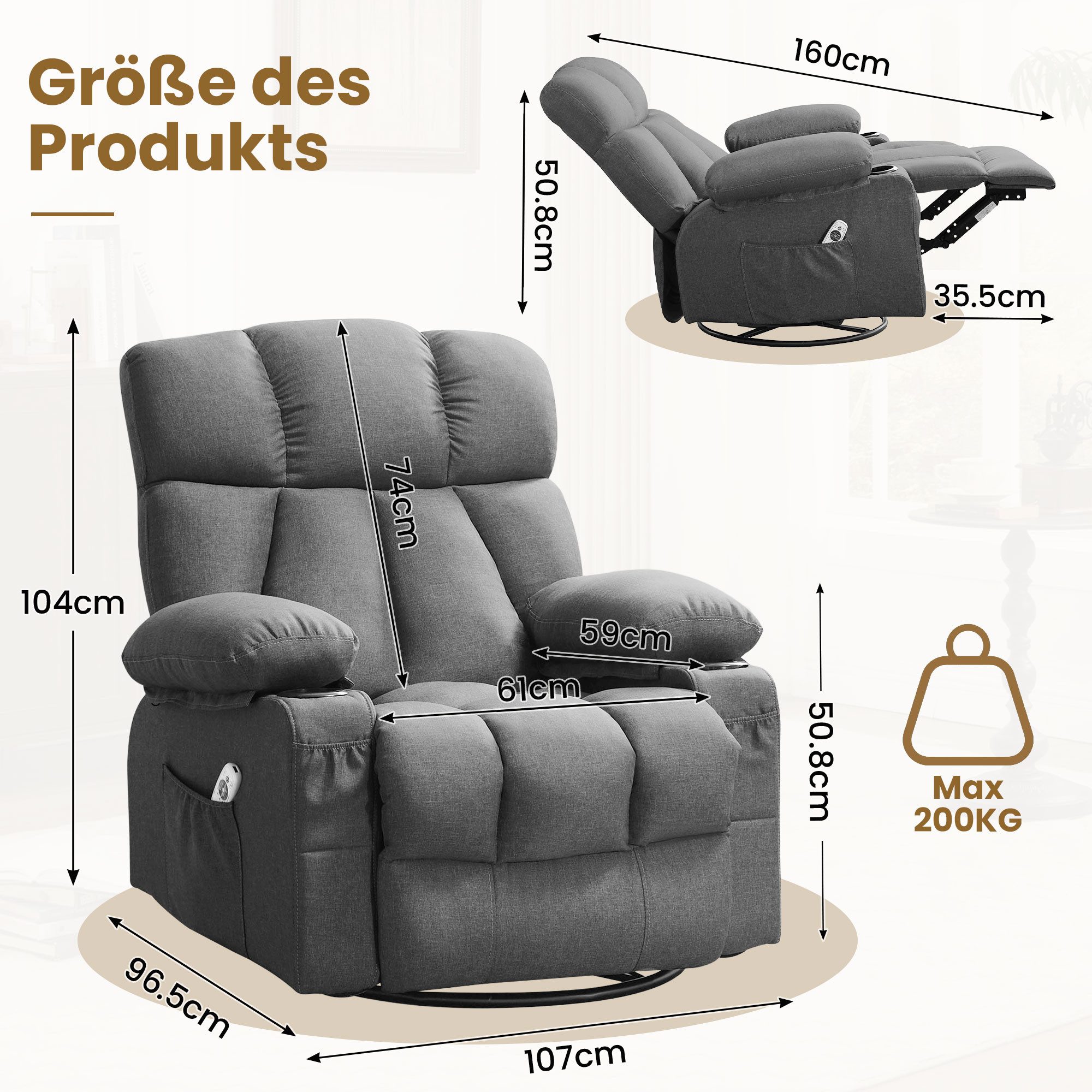 bosmiller Massagesessel Relaxsessel Elektrisch Fernsehsessel mit Liegefunktion (1-St), Oversize Massagesessel mit Wärmefunktion, grau – Bild 4 von 5