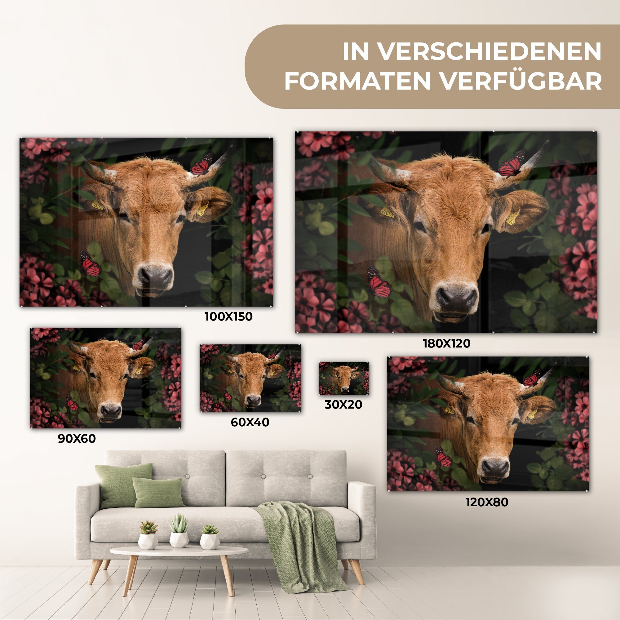 St), Acrylglasbilder Wohnzimmer Acrylglasbild Tiere - MuchoWow (1 - Blumen Kuh - Schlafzimmer Braun, &