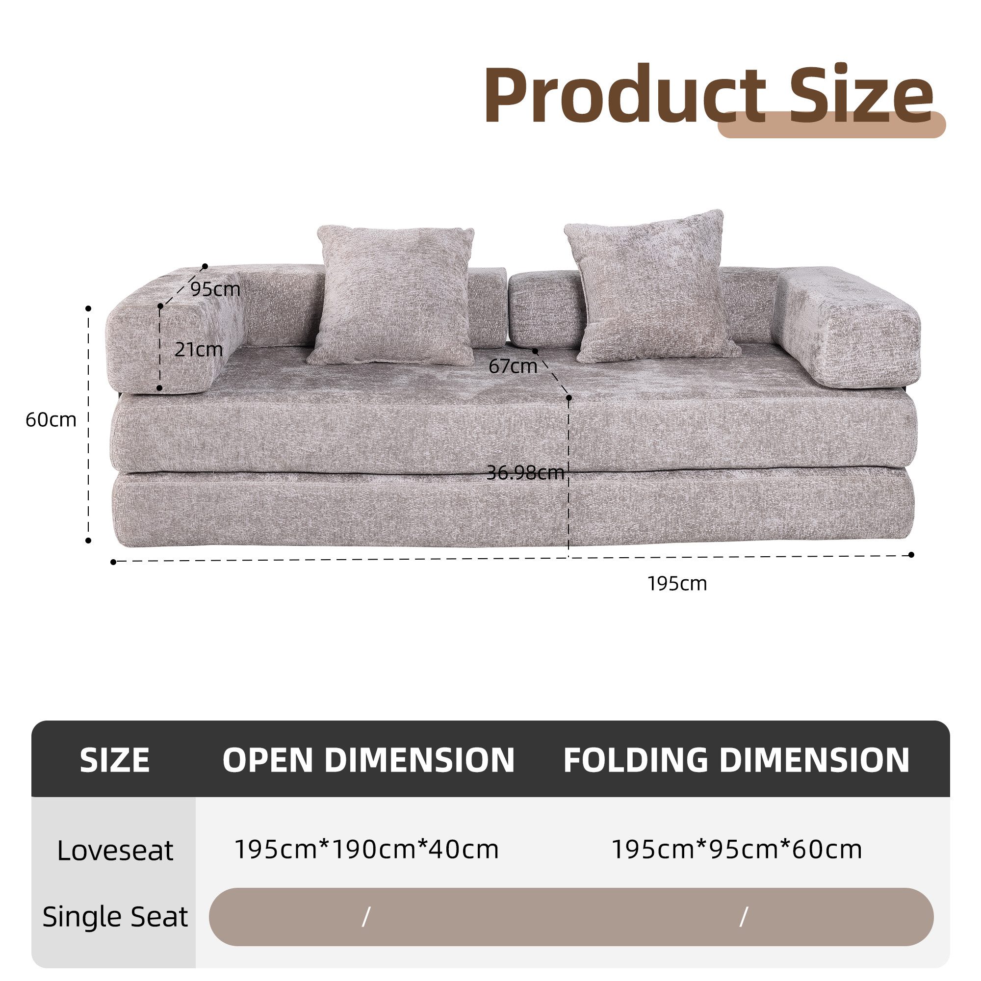 Vankel Loungesofa Klappbares 3-Sitzer Sofa Bett Queensize aus Chenille, 4-in-1 Klappsofa zu Queensize-Bett,platzsparend für Wohnung & Büro.
