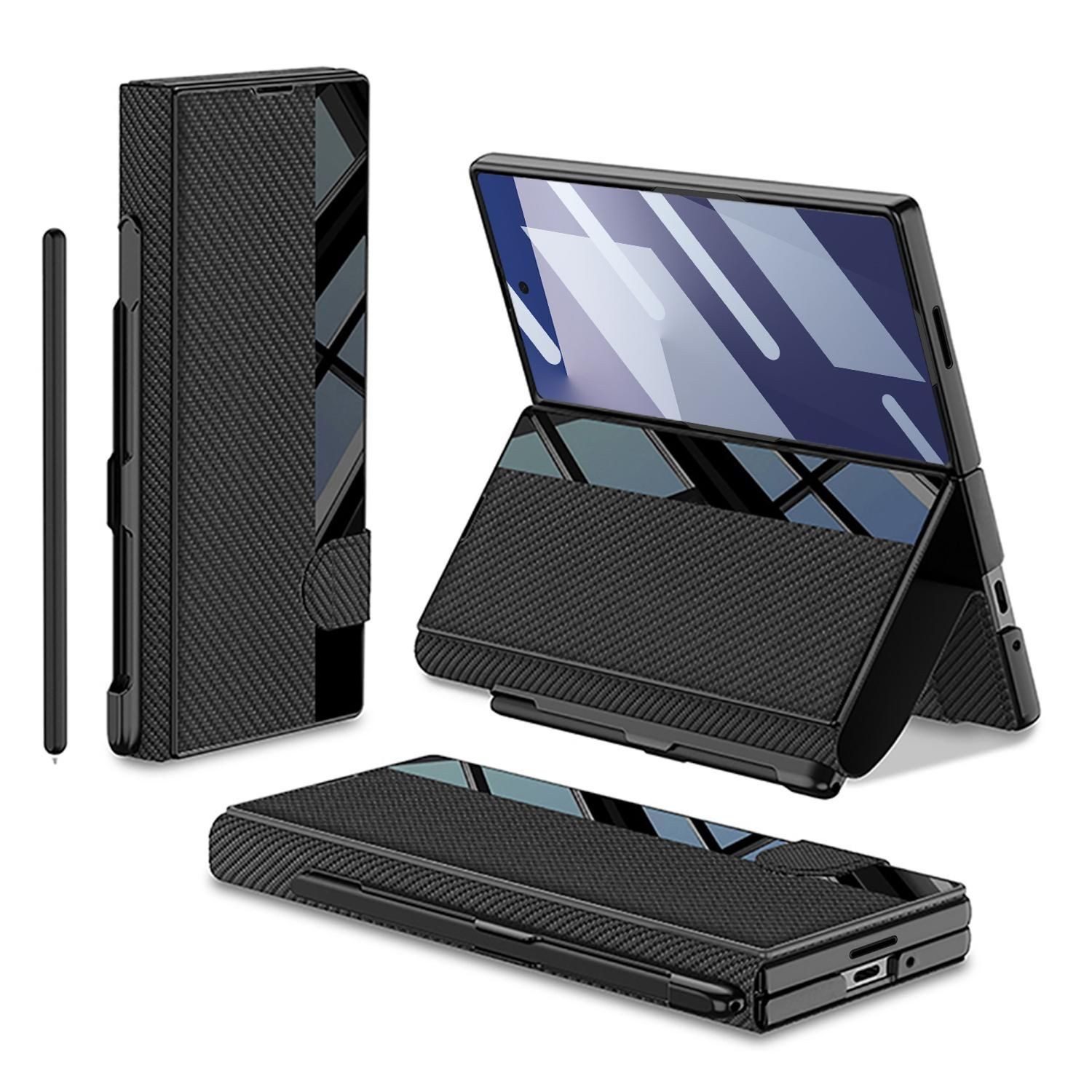 Wigento Handyhülle Für Samsung Galaxy Z Fold7 Integrierte Flip Hülle Stifthalter Carbon, Flip Hülle mit Stifthalter und Standfunktion