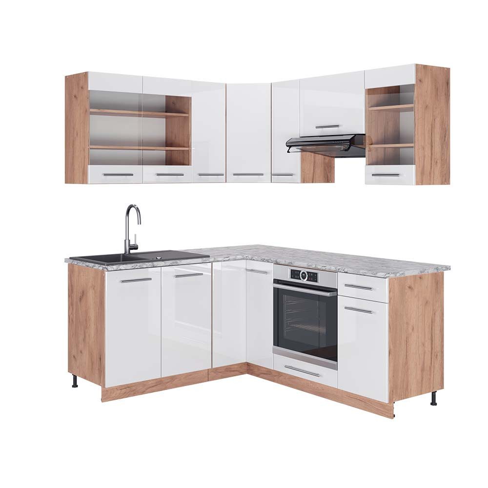 Vicco Winkelküche R-Line, Schwarz Hochglanz/Goldkraft Eiche, günstig online kaufen