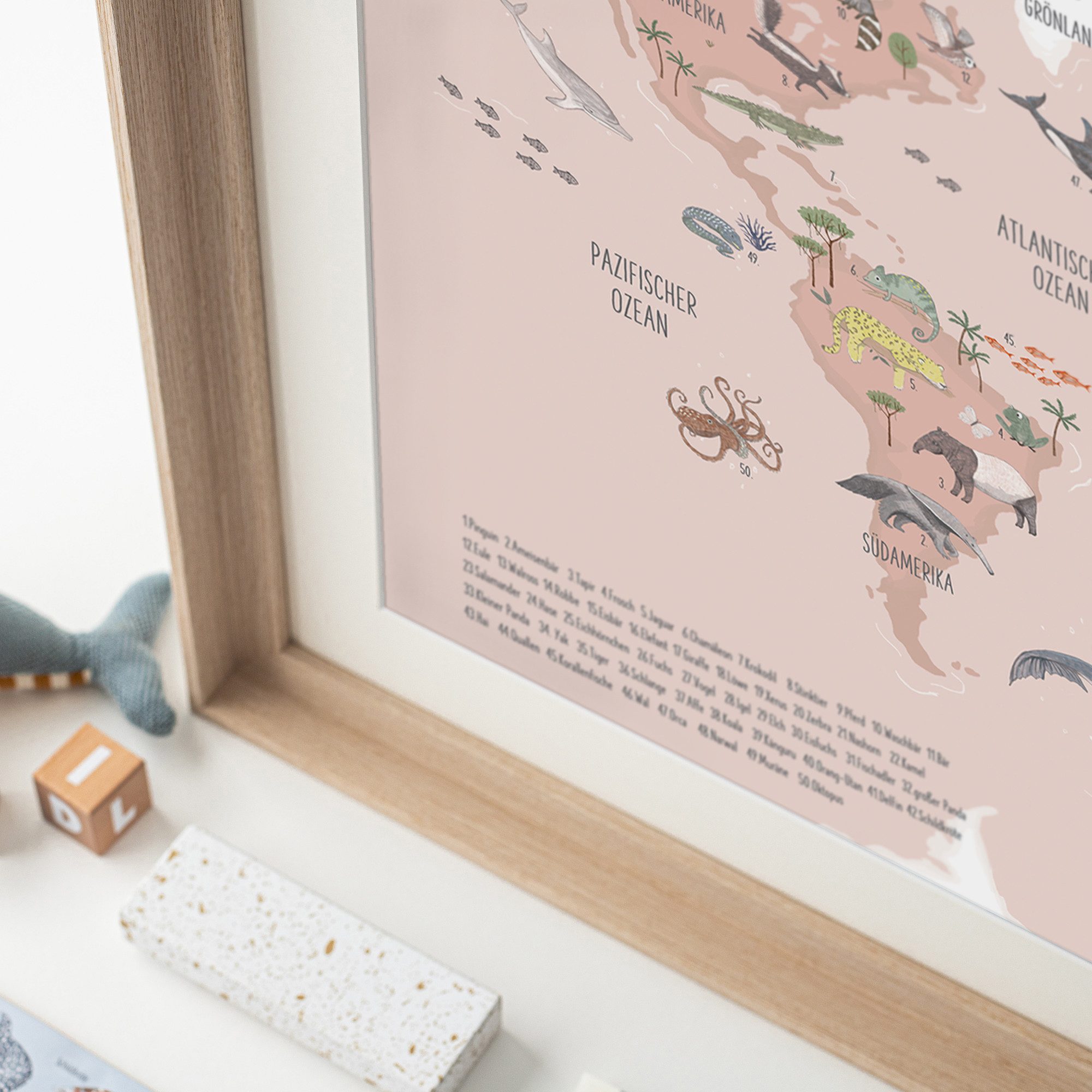 scriptum Poster Weltkarte Kinder Poster Tiere Deutsch Rosa 80x56 cm Lernposter, (1 St), Made in Germany