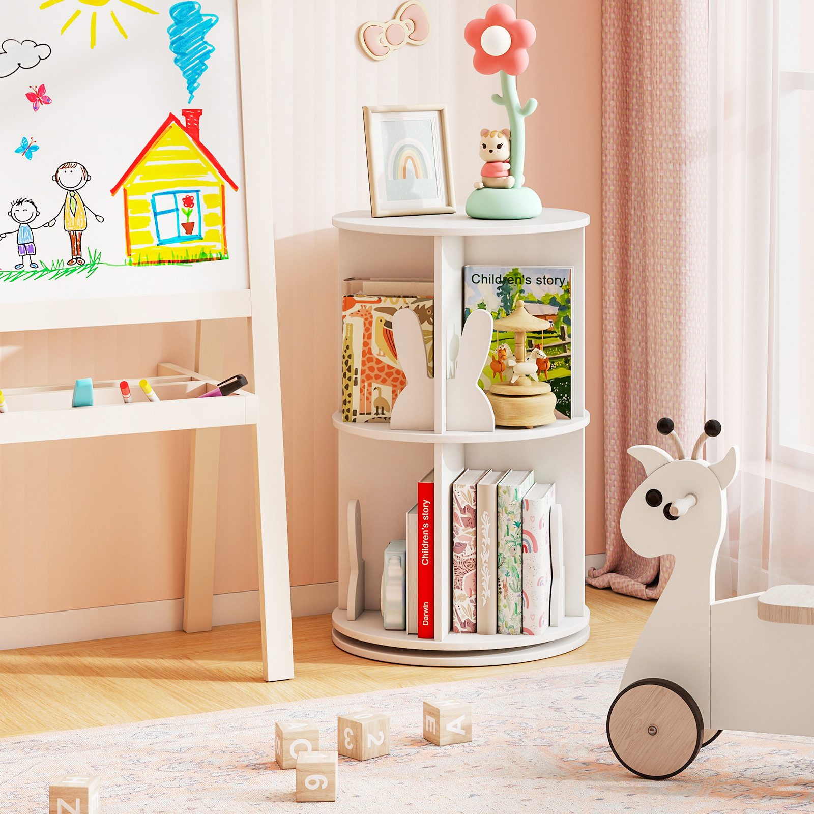 COSTWAY Kinderregal, Drehbares Bücherregal mit Hasen-Trennwänden, weiß günstig online kaufen
