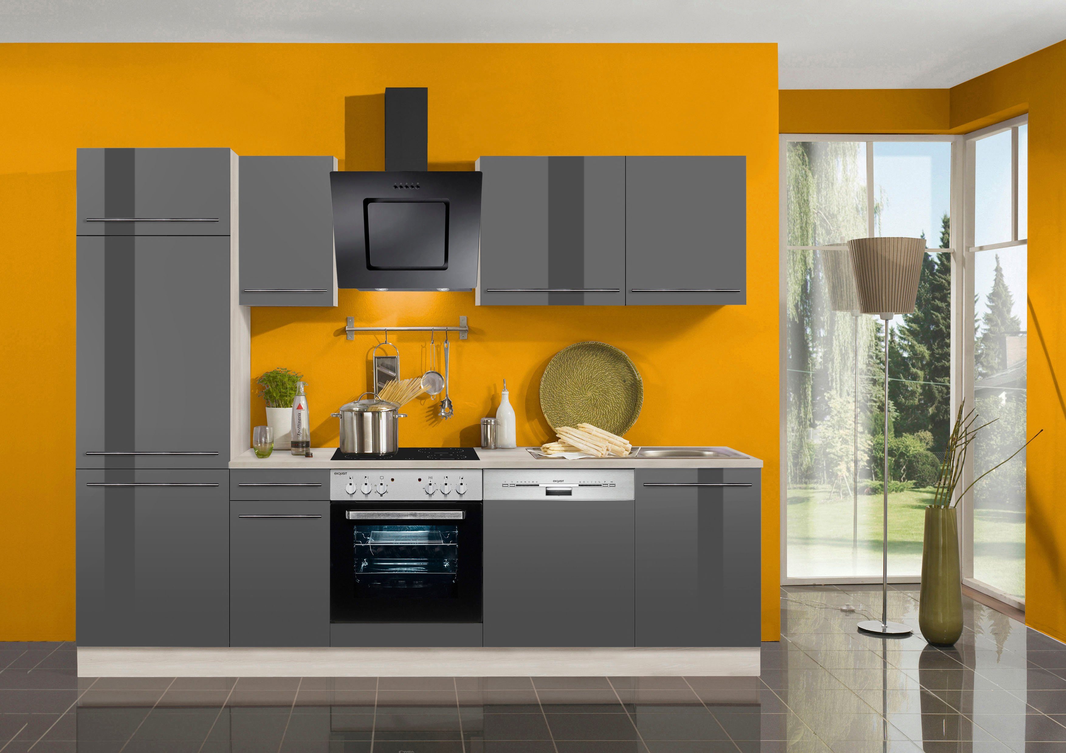 E-Geräten Küchenzeile cm, gedämpfte grau wahlweise Türen, Hochglanz Breite grau Bern, | Hochglanz/akazie-akazie OPTIFIT grau 270 mit |