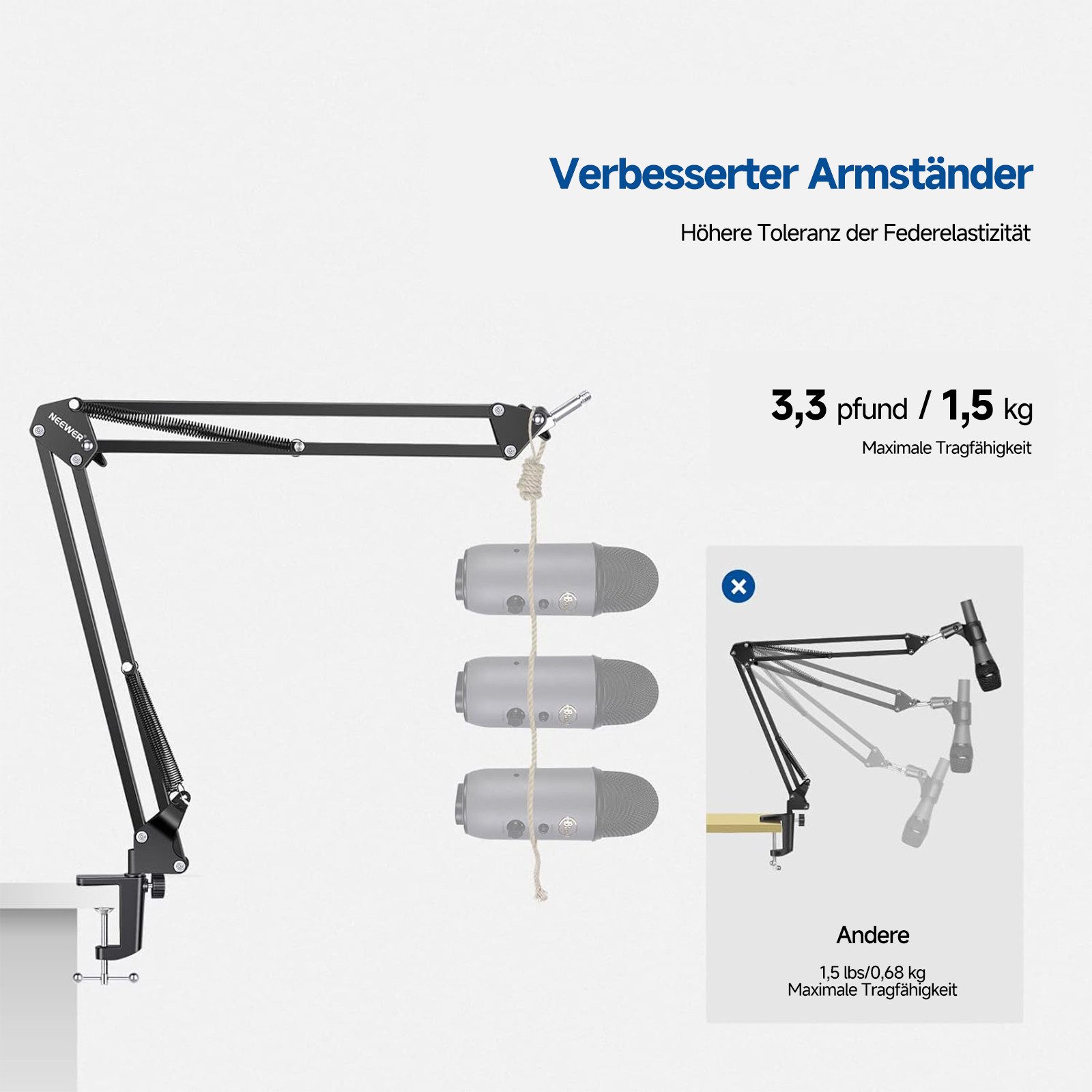 Neewer Mikrofon-Halterung NW-35A Mikrofonarmständer Universal, Hängendes Mikrofonstativ, (bis 1,2 Zoll, Packung, mit 3/8" bis 5/8" Schraube, für Yeti Snowball Q – Bild 4 von 5