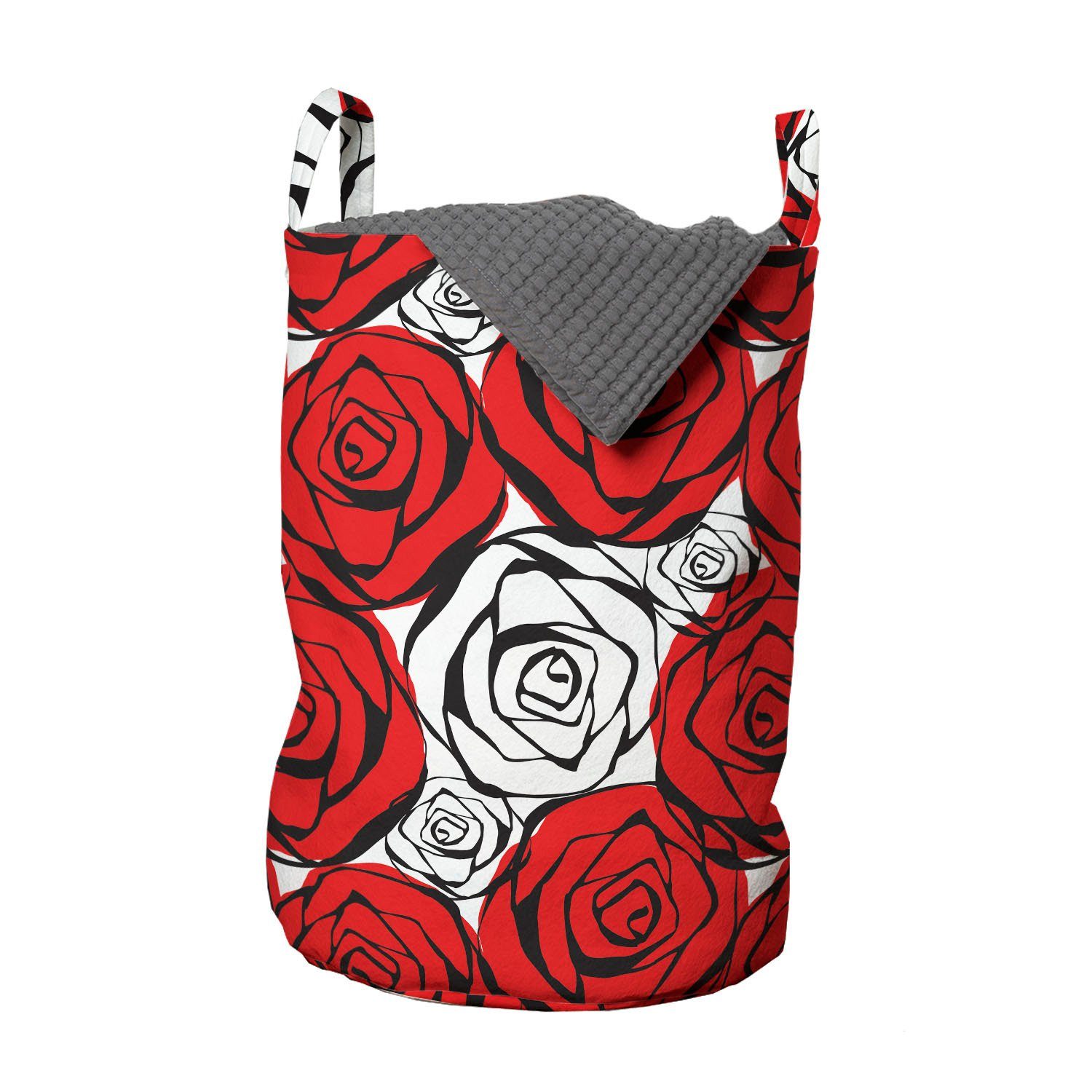 Abakuhaus Wäschesäckchen Wäschekorb mit Griffen Kordelzugverschluss für Waschsalons, Rot und Schwarz Roses Konturen