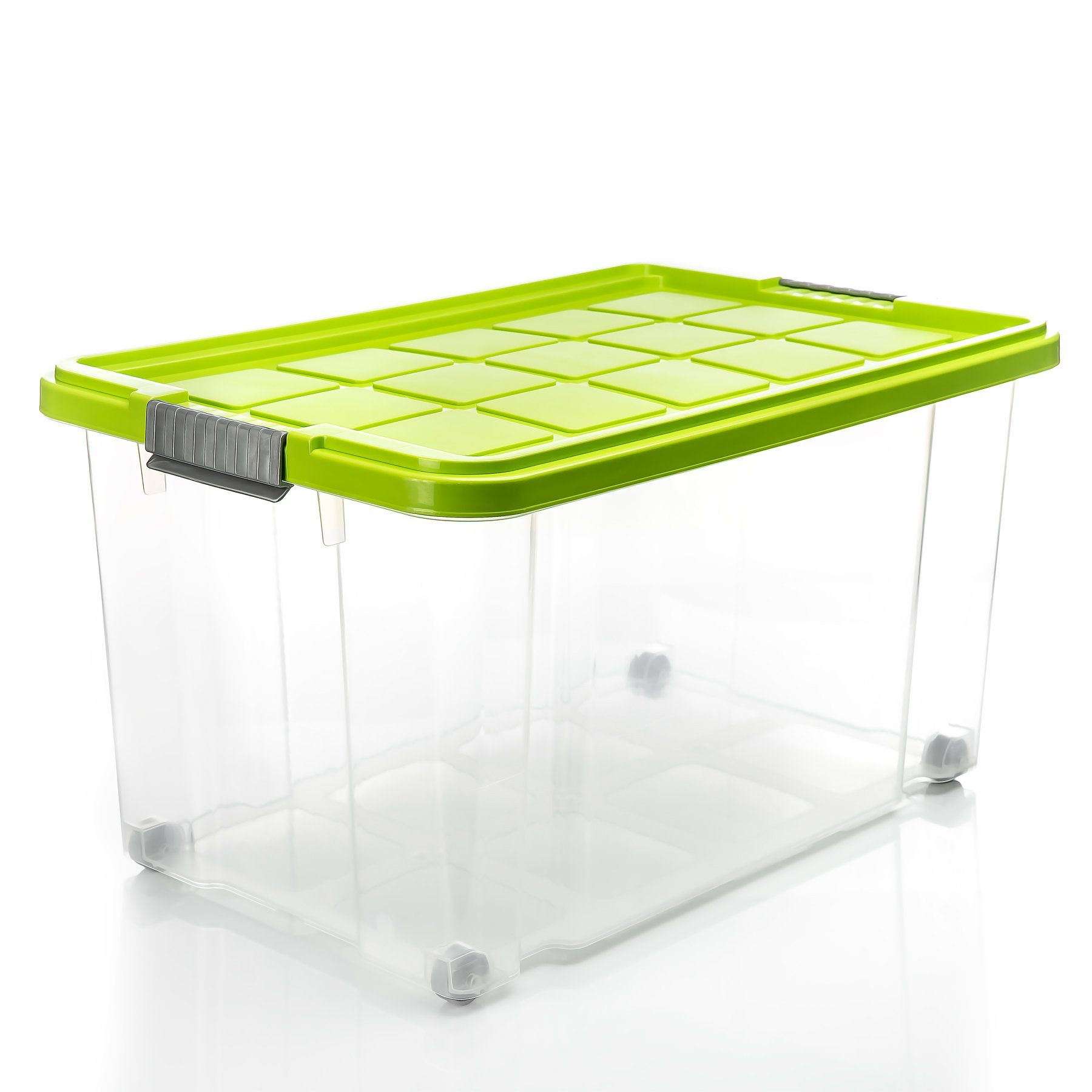 BigDean Aufbewahrungsbox 60 L mit Deckel groß – robuste Stapelbox rollbar mit Klickverschlüssen (Set, 2 St., Aufbewahrungsbox + Deckel + Rollen), Sicher Stapelbar, Platzsparend, Transparent, Rollen, Klickverschlüsse