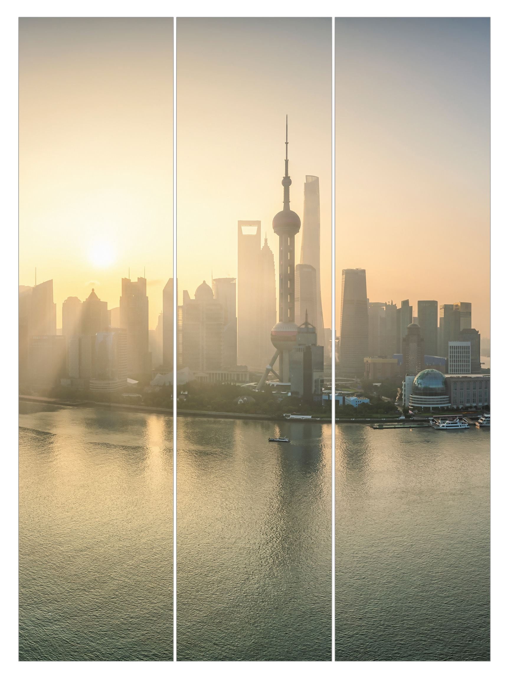 Bilderdepot24 Schiebegardine modern Flächenvorhang blickdicht Pudong Sonnenaufgang (3 St), halbtransparent, Wohnzimmer große Flächengardine lichtdurchlässig als Klett-System