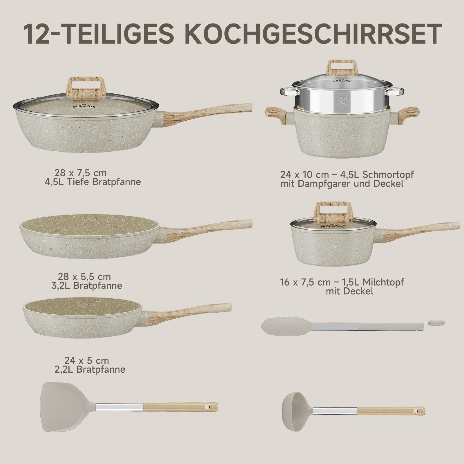 HOMELUX Topf-Set Kochgeschirr-Set, Induktions Töpfe Set, Antihaftbeschichtung, Aluminium, Edelstahl (Pfanne 24/28cm, Tiefe Bratpfanne 28cm, 12-tlg., Topf mit Dampfgarer 24cm, Milchtopf 16cm), Induktion