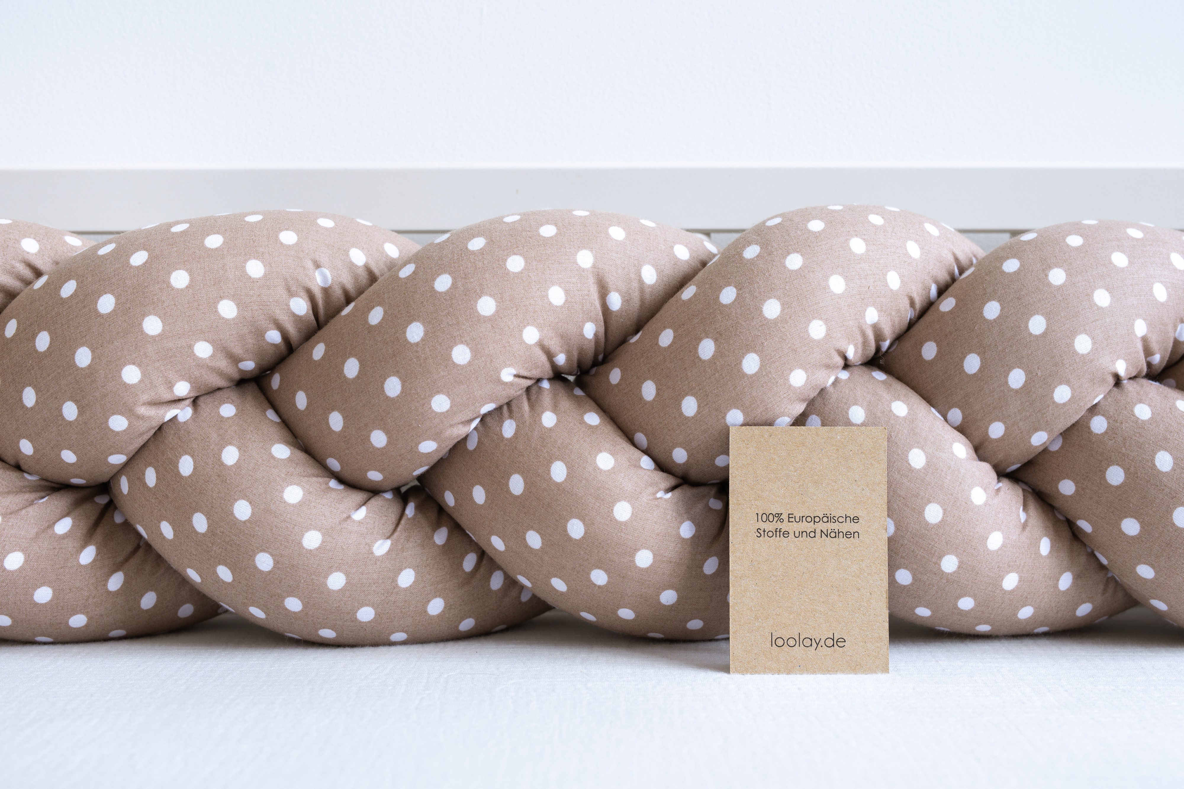 Loolay Nestchenschlange Geflochtenes Kissen Zierkissen Dekokissen Bettumrandung BRAUN PUNKTE, (Zugluftstopper Zugluft Schlange Wickeltischumrandung Babybett Kinderzimmer Schutz, Wohndeko Bettschlange 100 150 200 300 400 cm & Länge auf Anfrage), Zugluftstopper tolle Wohndekoration Geschenk