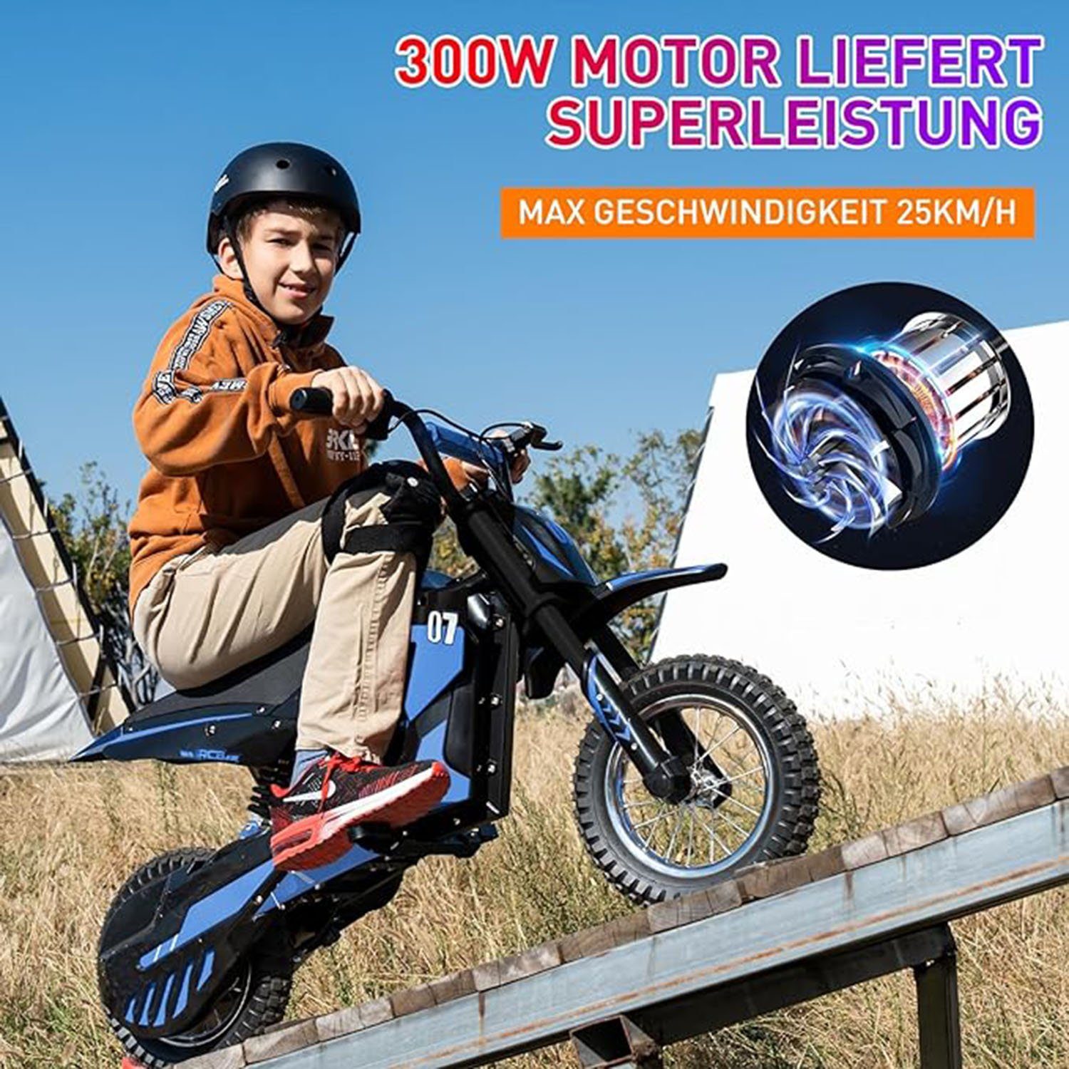 15km, 25km/h, Elektro-Kindermotorrad Max Reichweite 12" blau 3 Geschwindigkeitsmodus, Luftreifen RCB