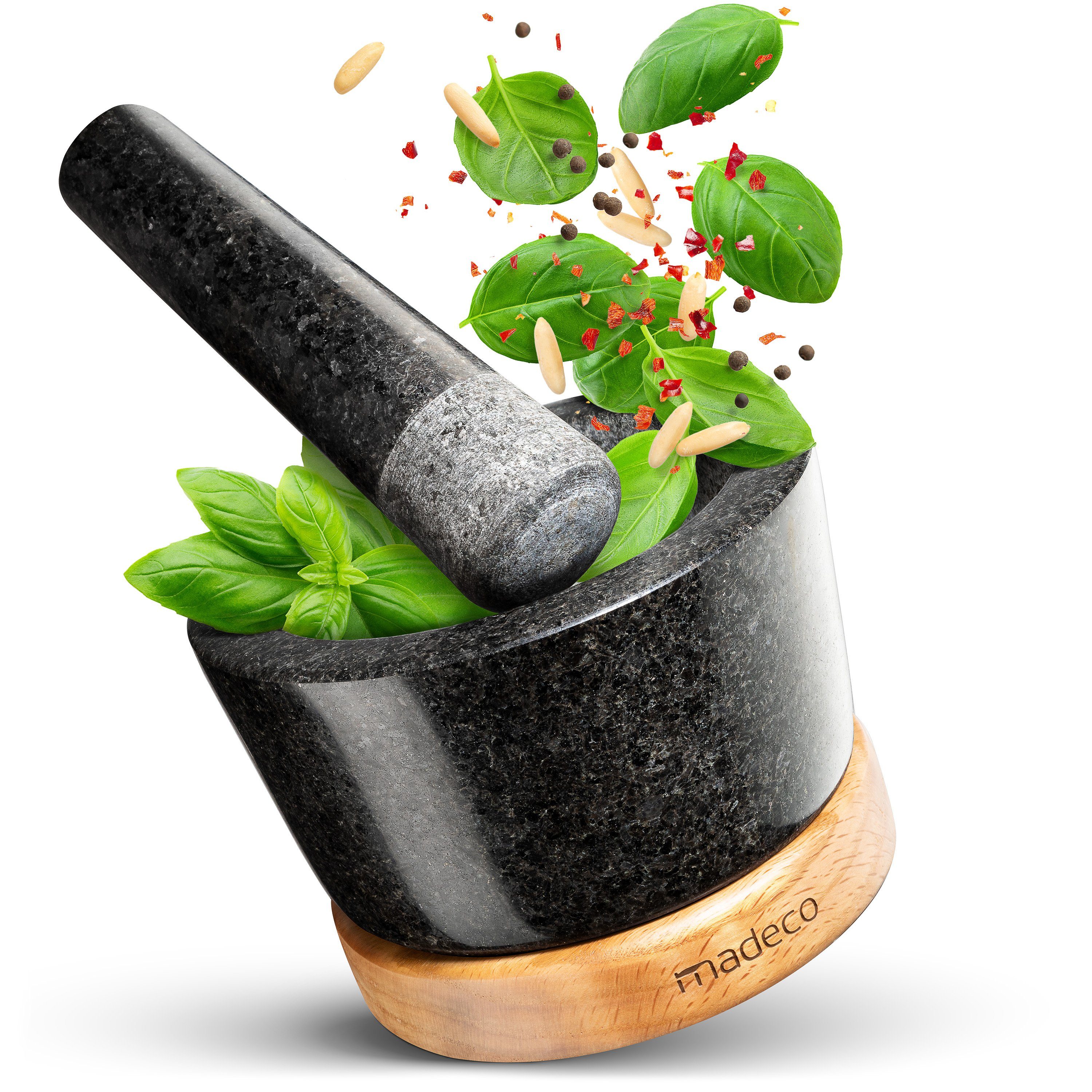 madeco Mörser Granit Mörser mit Stößel auf Holzsockel - für Gewürze ...