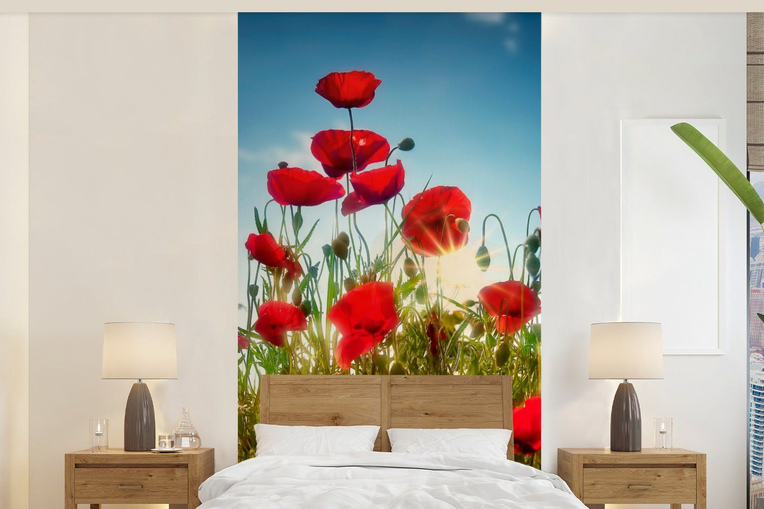 MuchoWow Fototapete Rot - - Küche, Matt, (2 Toskana Fototapete St), Vliestapete bedruckt, - - Blau, Schlafzimmer Wohnzimmer für Sonne Mohnblumen