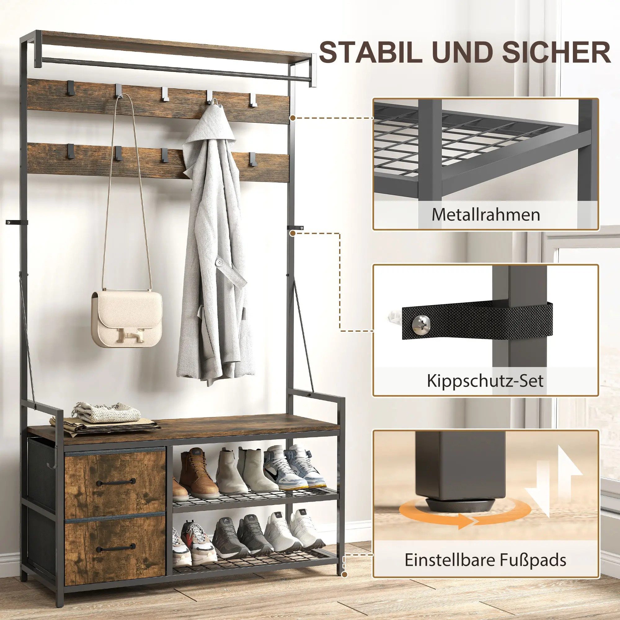 BlingBin Garderobenständer Industrie-Design Kleiderständer mit Sitzbank, Sc günstig online kaufen