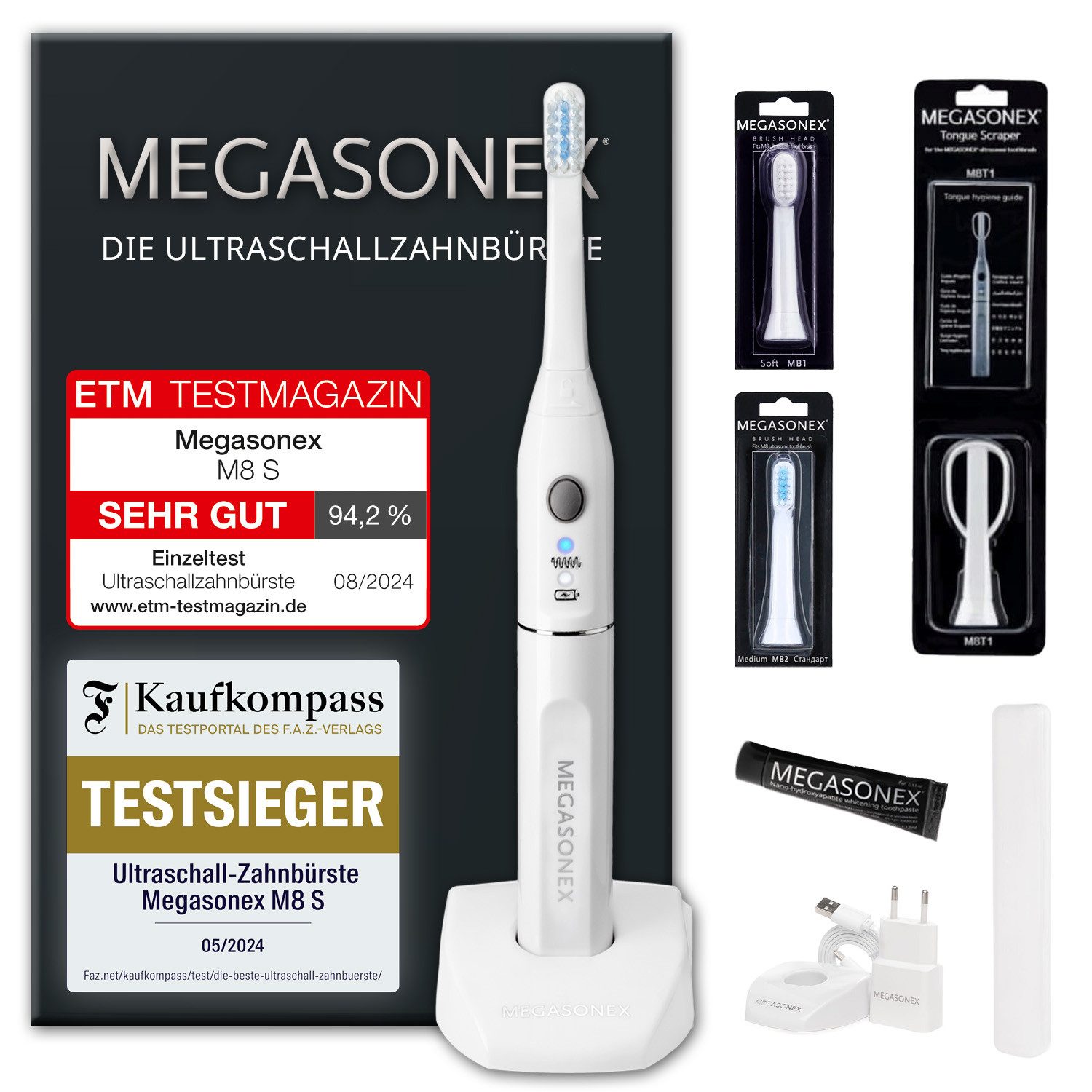 Megasonex Ultraschallzahnbürste M8 S, Aufsteckbürsten: 2 St., Mit 1,6MHz Ultraschall, 2 Schallvibrations-Modi & innovativem Zubehör