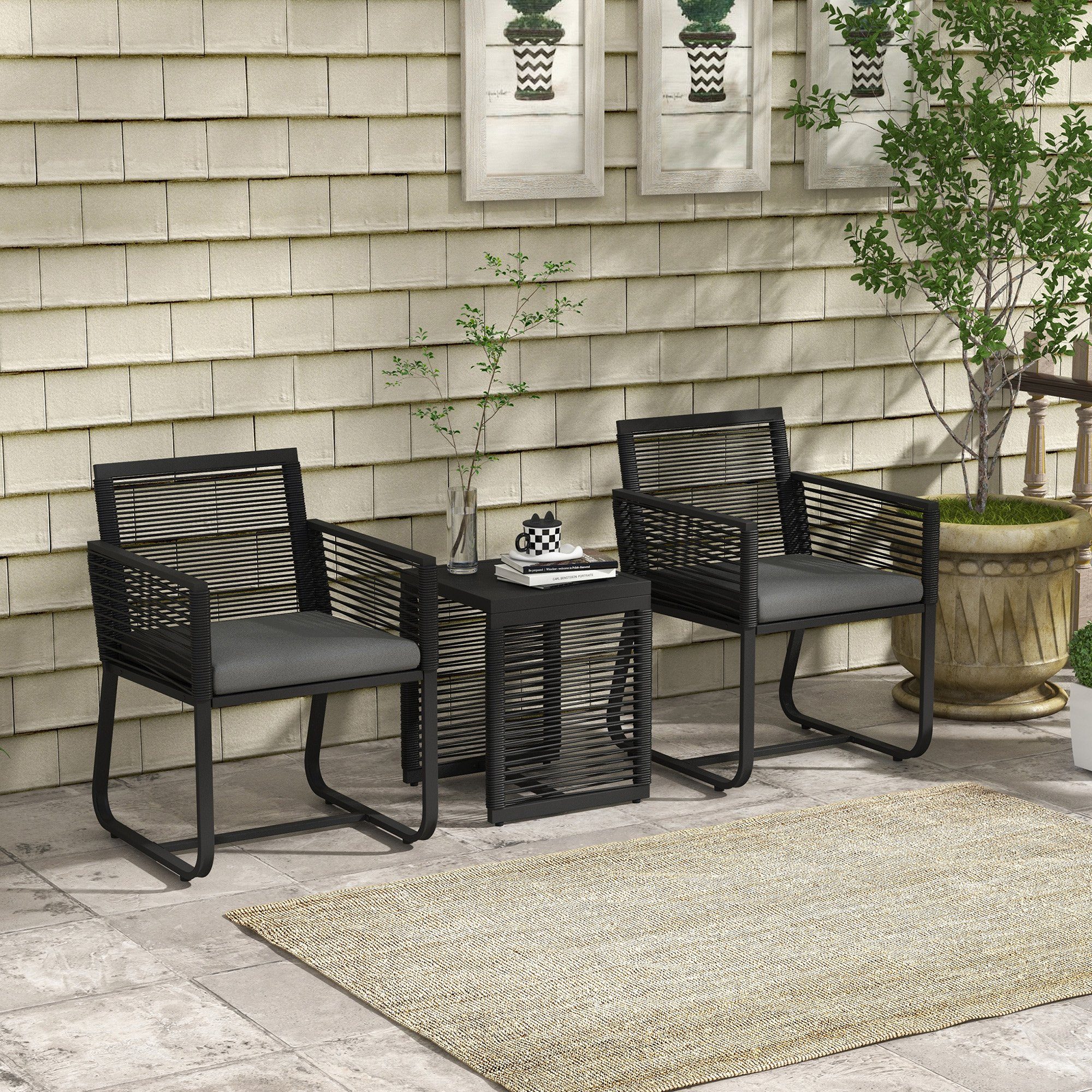 Outsunny Gartenlounge-Set Rattan Gartenmöbel-Set, Sitzgruppe mit 2 Gartenstühle, Beistelltisch, (Sitzgarnitur, 3-tlg., Gartengarnitur), mit Tischplatte aus Hartglas, Kissen, für Balkon, Schwarz