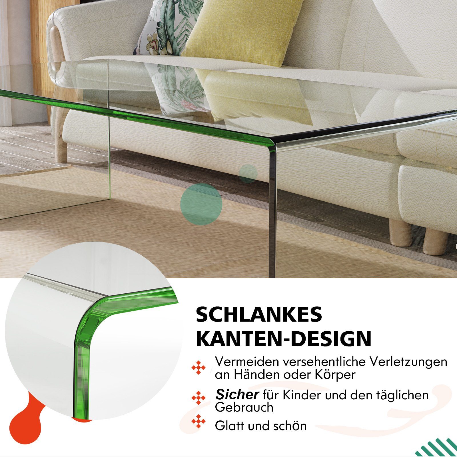 COSTWAY Couchtisch, aus gehärtetem Glas, Glastisch U-förmig, 108x50x35cm
