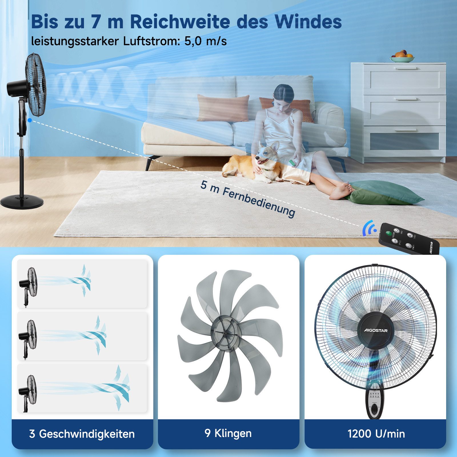 Aigostar Standventilator Leise Ventilator mit Fernbedienung, günstig online kaufen