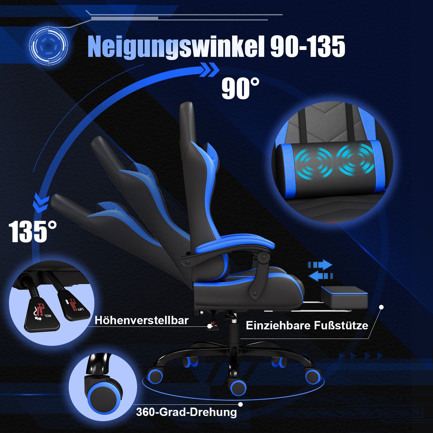 HOMALL Gaming-Stuhl Massage Gaming Stuhl mit Fußstütze 90-135° Rückenlehne günstig online kaufen