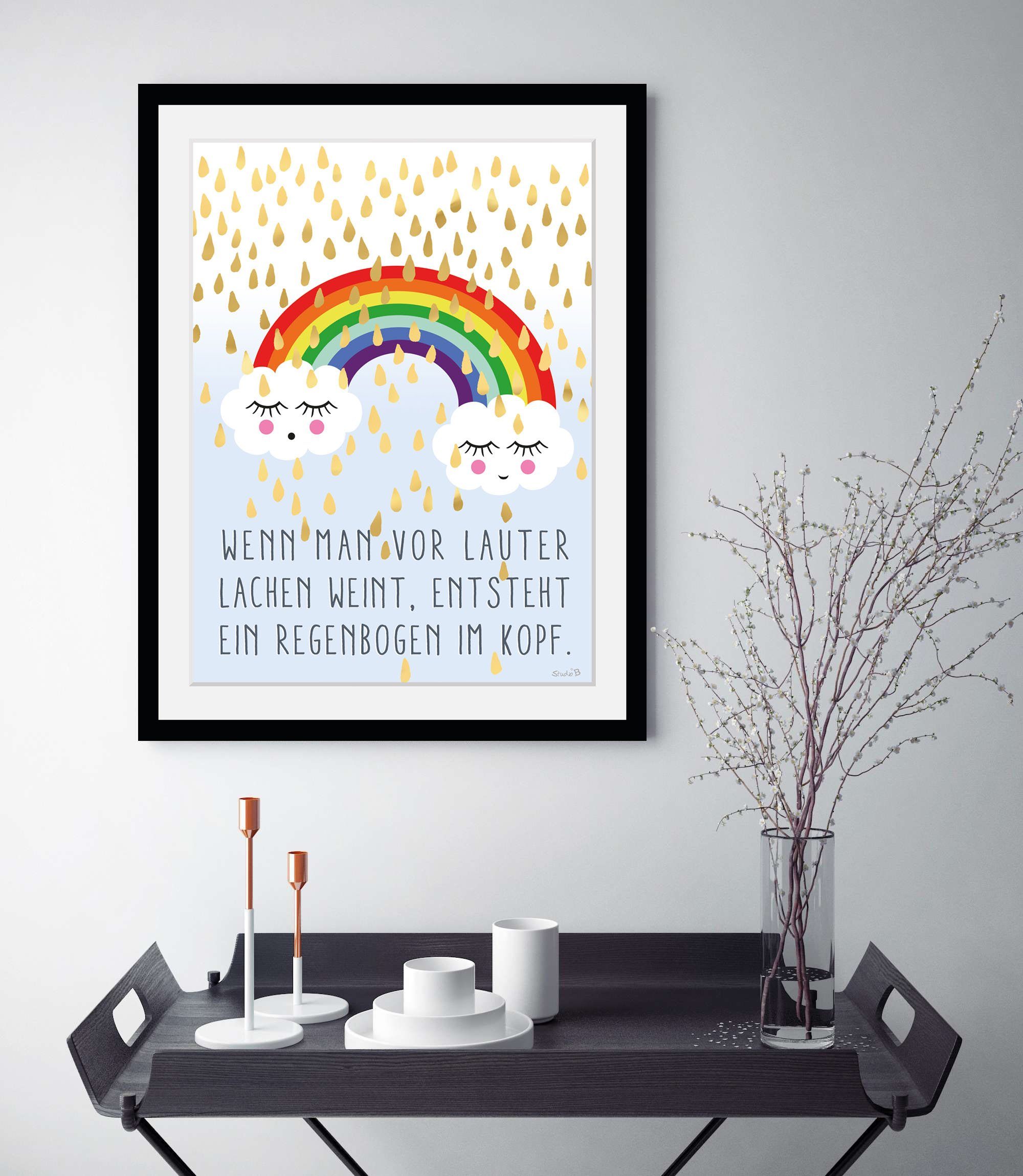 queence Bild Regenbogen im Kopf, Gesicht, Himmel, Motivationsbilder, Regenbogen, Sprüche & Texte, Wolken (1 St), HD Premium Poster-Druck inkl. Holzrahmen