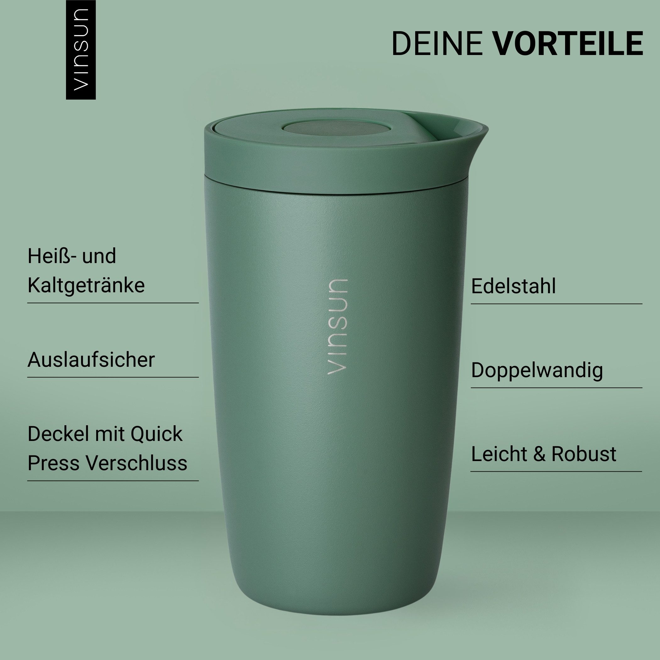 Vinsun Thermobecher Edelstahl Isolierbecher 350ml - Kaffeebecher to Go auslaufsicher, 2-tlg., Edelstahl, Doppelwandig, BPA frei, bruchfest, Einhandbedienung per – Bild 2 von 5