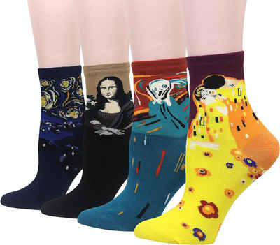 Alster Herz Freizeitsocken 4x Bunte lustige Socken Damen Herren, 36-41, Baumwolle, A0551 (8-Paar) berühmte Motive der Malerei