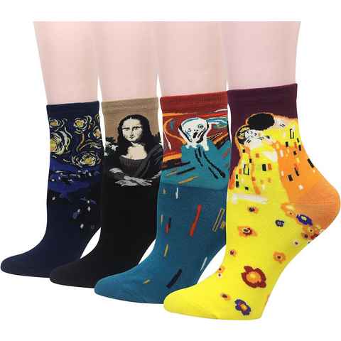 Alster Herz Freizeitsocken 4x Bunte lustige Socken Damen Herren, 36-41, Baumwolle, A0551 (4-Paar) berühmte Motive der Malerei