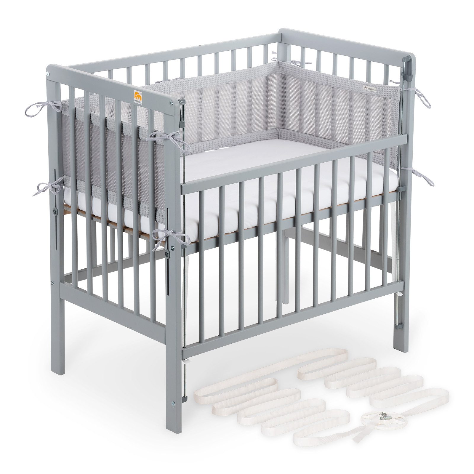 FabiMax Beistellbett Beistellbett Flex 90x55, TÜV geprüft, aus Buchenholz grau lackiert, stufenlos höhenverstellbar, passend für Boxspringbetten, 2 in 1