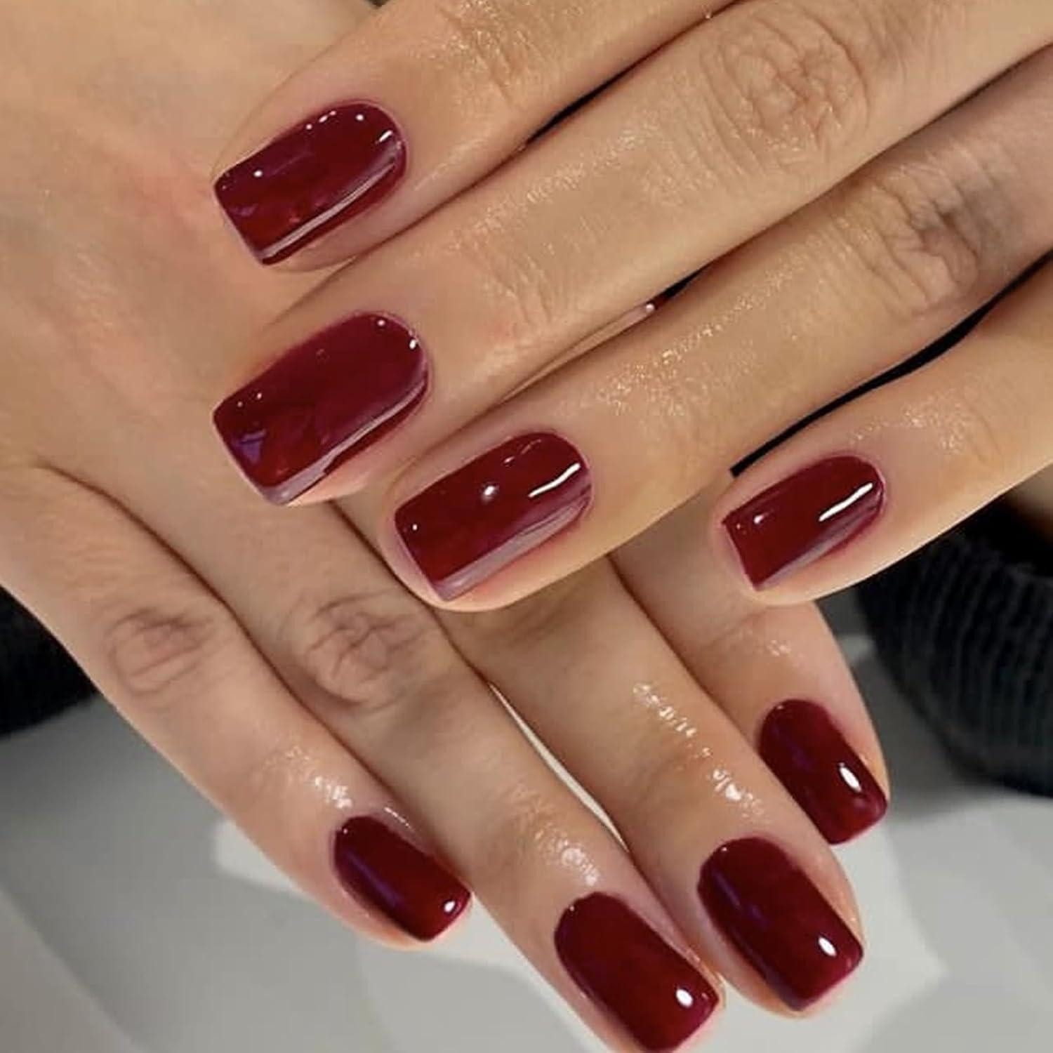 Kunstfingernägel 24 Stück Press on Nägel Weinrot Eckig French Nails Glossy Acryl