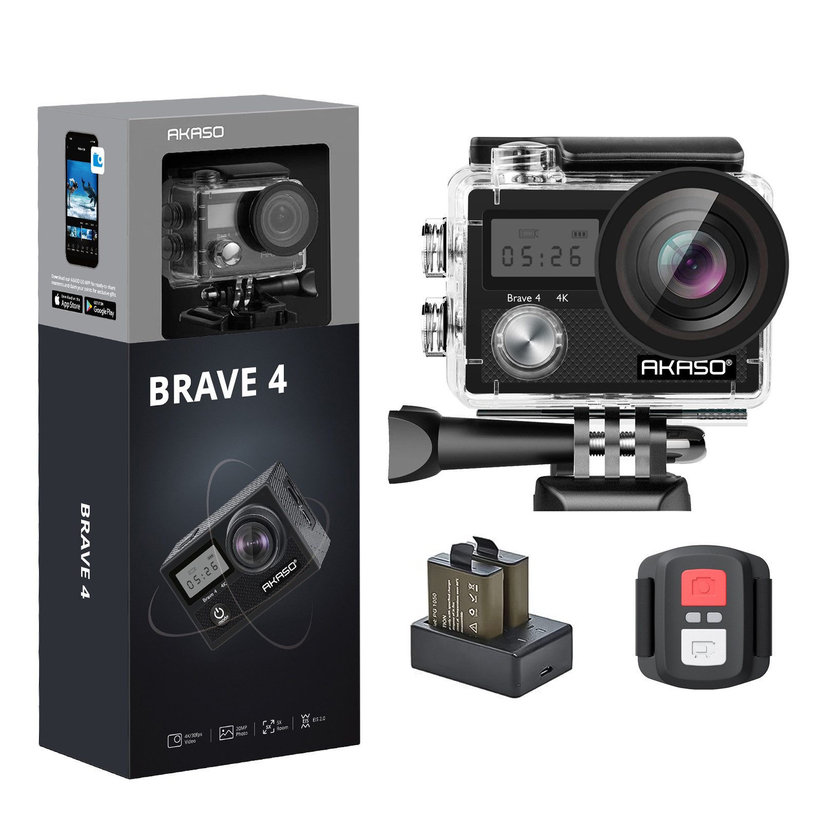 Akaso Brave 4 Action Cam (4K Ultra HD, 4K Ultra HD, Wasserdicht bis 30m, Dual-Display, WiFi)