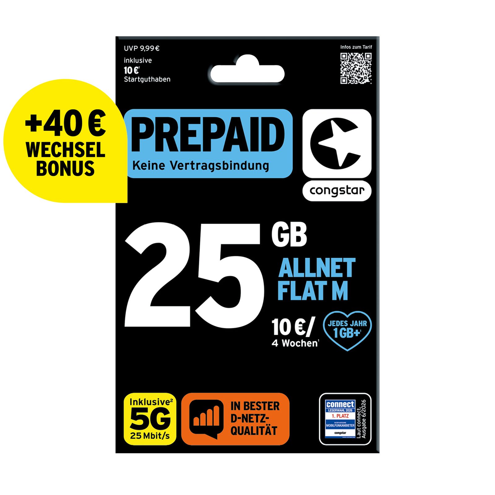 Congstar Prepaid ALLNET M, SIM-Karte ohne Vertrag, 5G mit 25 Mbit/s Prepaidkarte, (EU-Roaming inkl. CH, 10 € Startguthaben)
