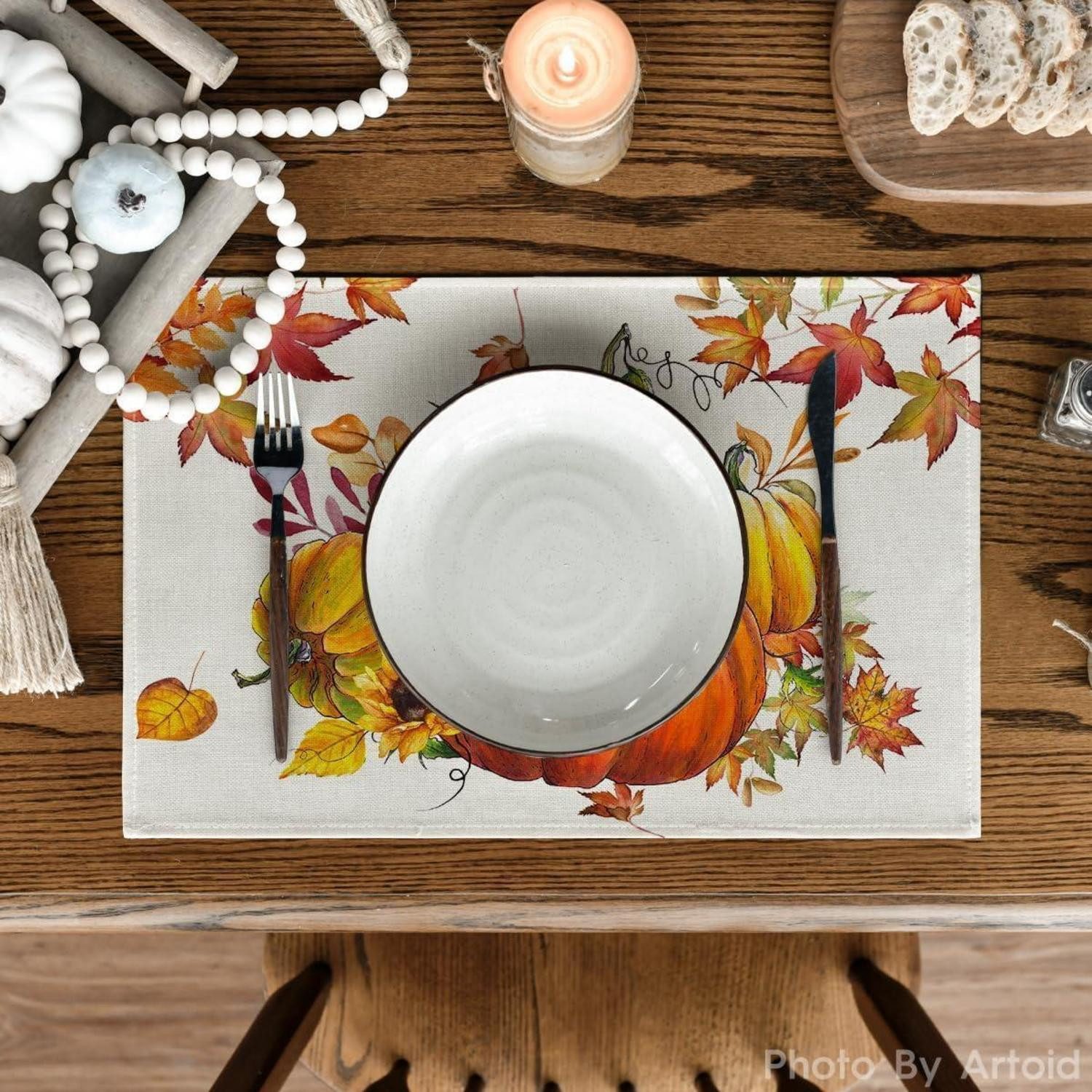 LuxusKollektion Platzset Herbst Tischsets 4er Set Kürbisse Ahornblätter Sonnenblumen 37cm