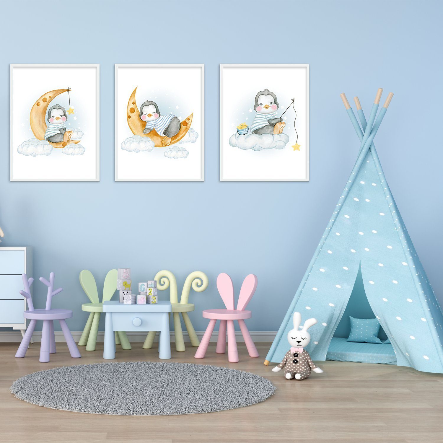 Tigerlino Poster Pinguin Kinderzimmer Bilder 3er Set Babyzimmer Kinderposte günstig online kaufen