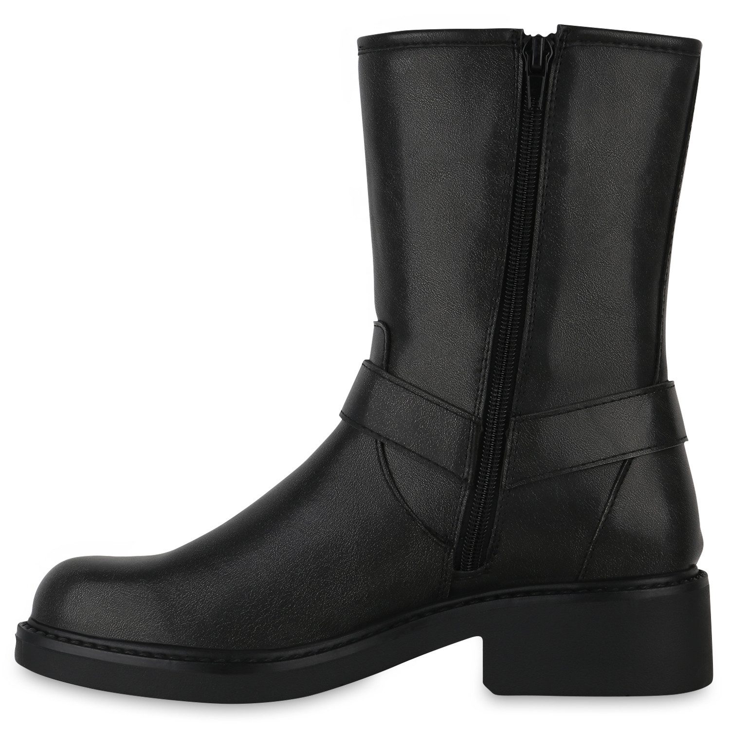VAN HILL 840869 Bikerboots Damen Biker Boots Stiefeletten Nieten Stiefel Schnallen