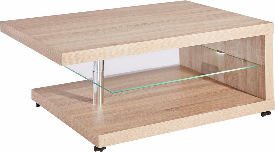 PRO Line Couchtisch, aus Holz, mit Ablageboden aus Glas, mit Rollen,  rechteckig