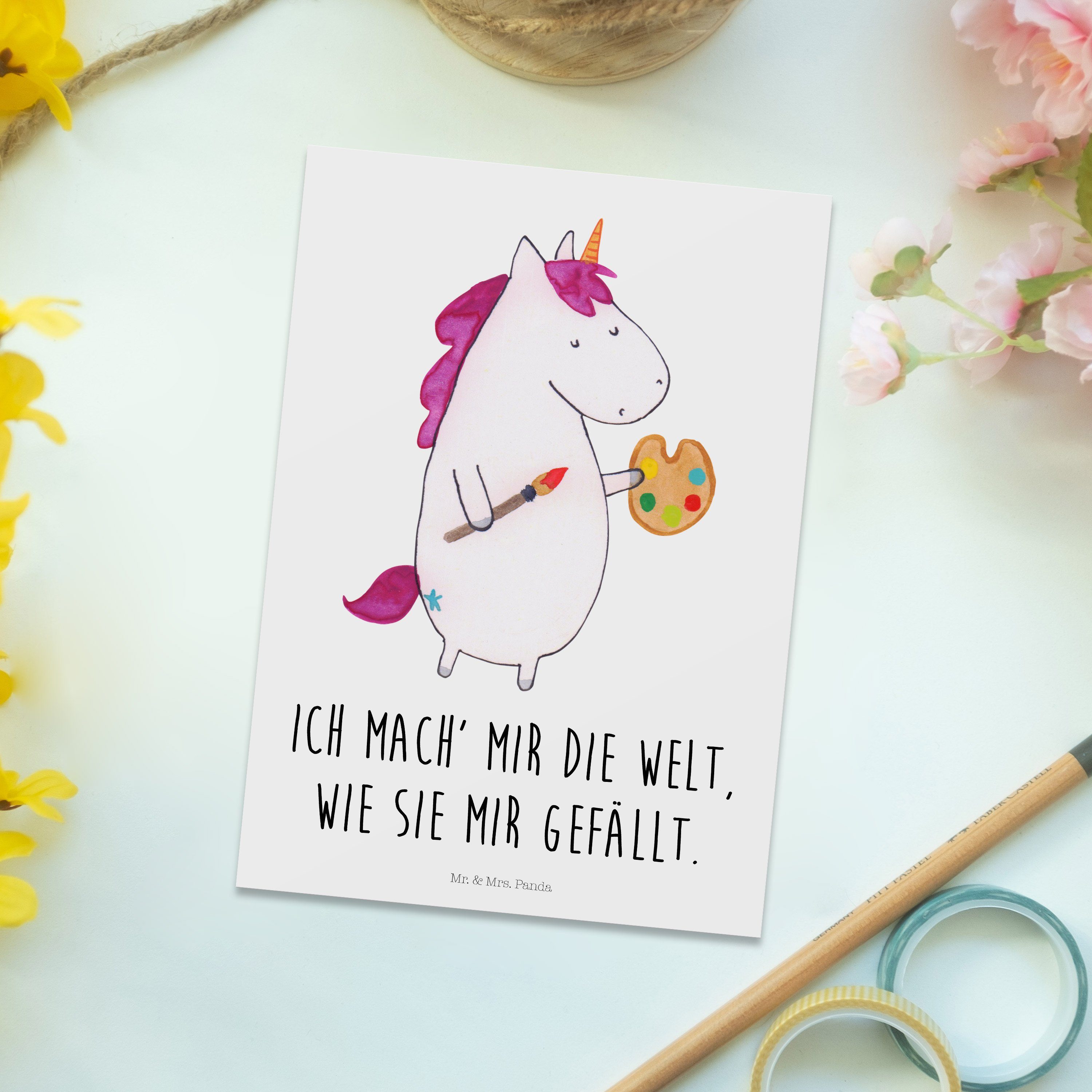 Geschenk, Maler Künstler Unicorn, & Einhorn Panda Weiß Postkarte Mrs. - Mr. Geburtstagskarte, -
