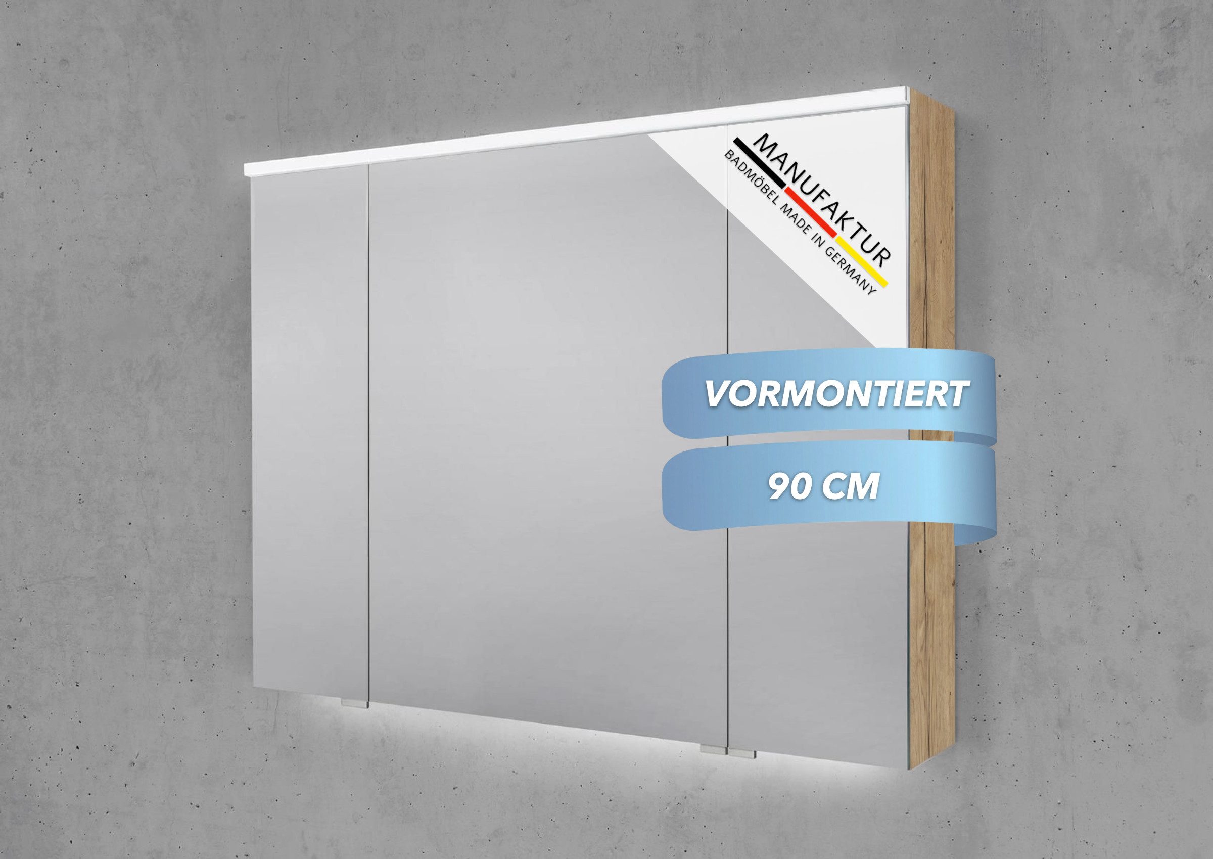 Intarbad Badezimmerspiegelschrank 3-türiger Spiegelschrank mit MULTI LED Beleuchtung, stufenlos dimmbar (Doppelspiegeltüren, Holz-/ Lackdekore, Maße von 90 bis 180 cm wählbar, Höhe 71,8 cm, Glasfachböden, Magnetleiste & Kosmetikspiegel Ø 12 cm) Vormontierte Lieferung, Floatglas, 160 kg Traglast, Made in Germany