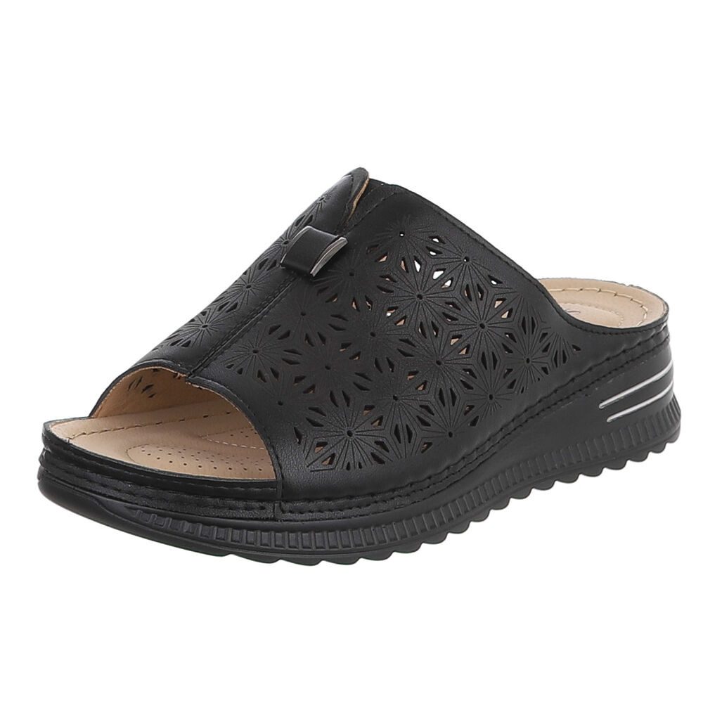 Ital-Design Damen Slipper mit Cut-outs und Komfortsohle Plateausandaletten (91849139) Keilabsatz/Wedge Keilsandaletten in Schwarz