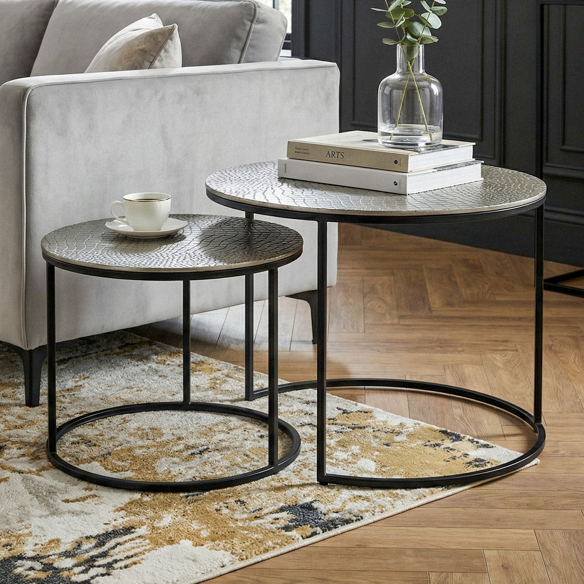 FINEBUY Satztisch FB73718 Metall Couchtisch Beistelltisch Alu Wohnzimmertisch Aluminium (Dekoratives Tischset mit strukturierter Oberfläche), Flexible Ablage für moderne Wohnräume