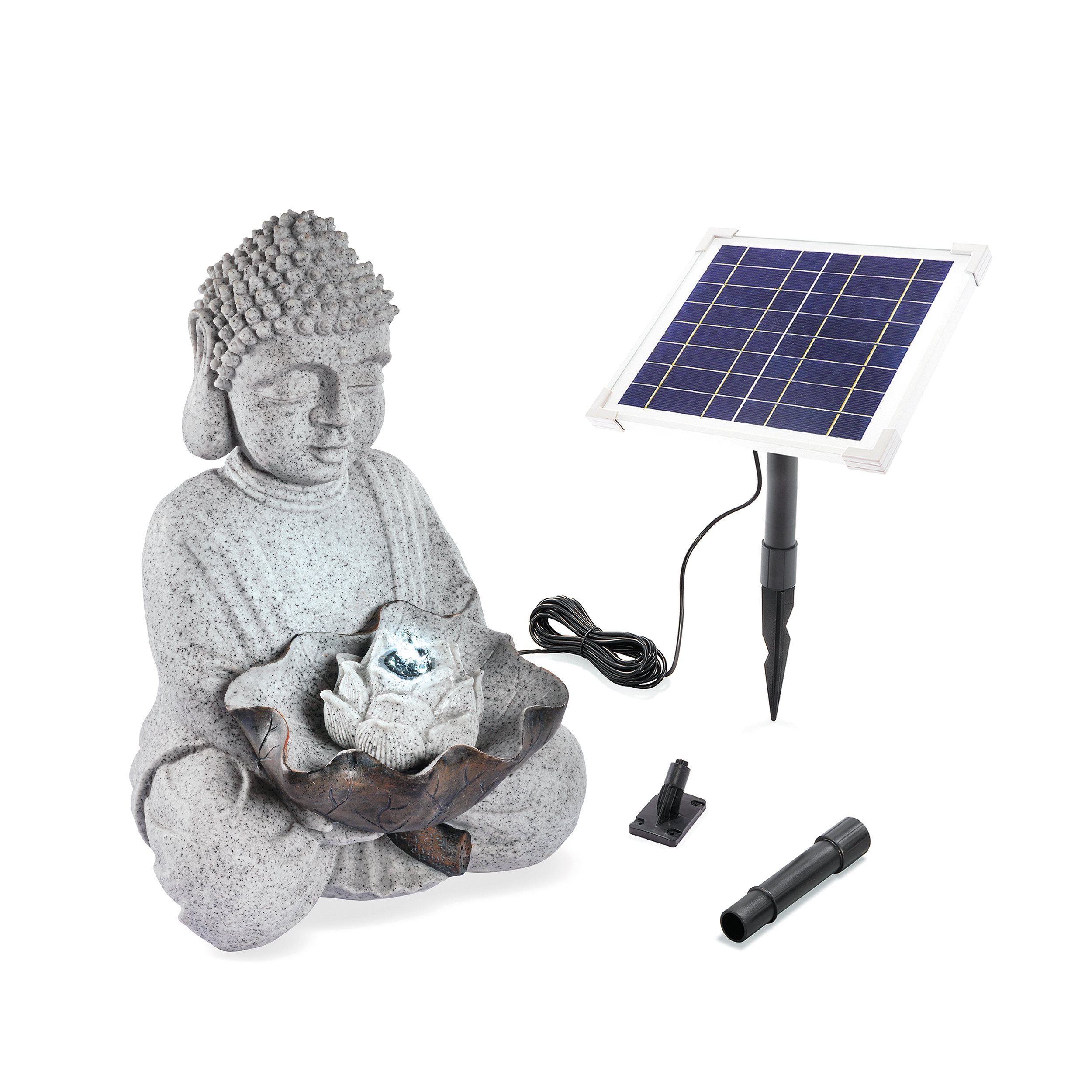 esotec Gartenbrunnen Solarbrunnen Buddha mit 2-farbiger LED-Beleuchtung + Akku H43cm 101327, (Komplettset)