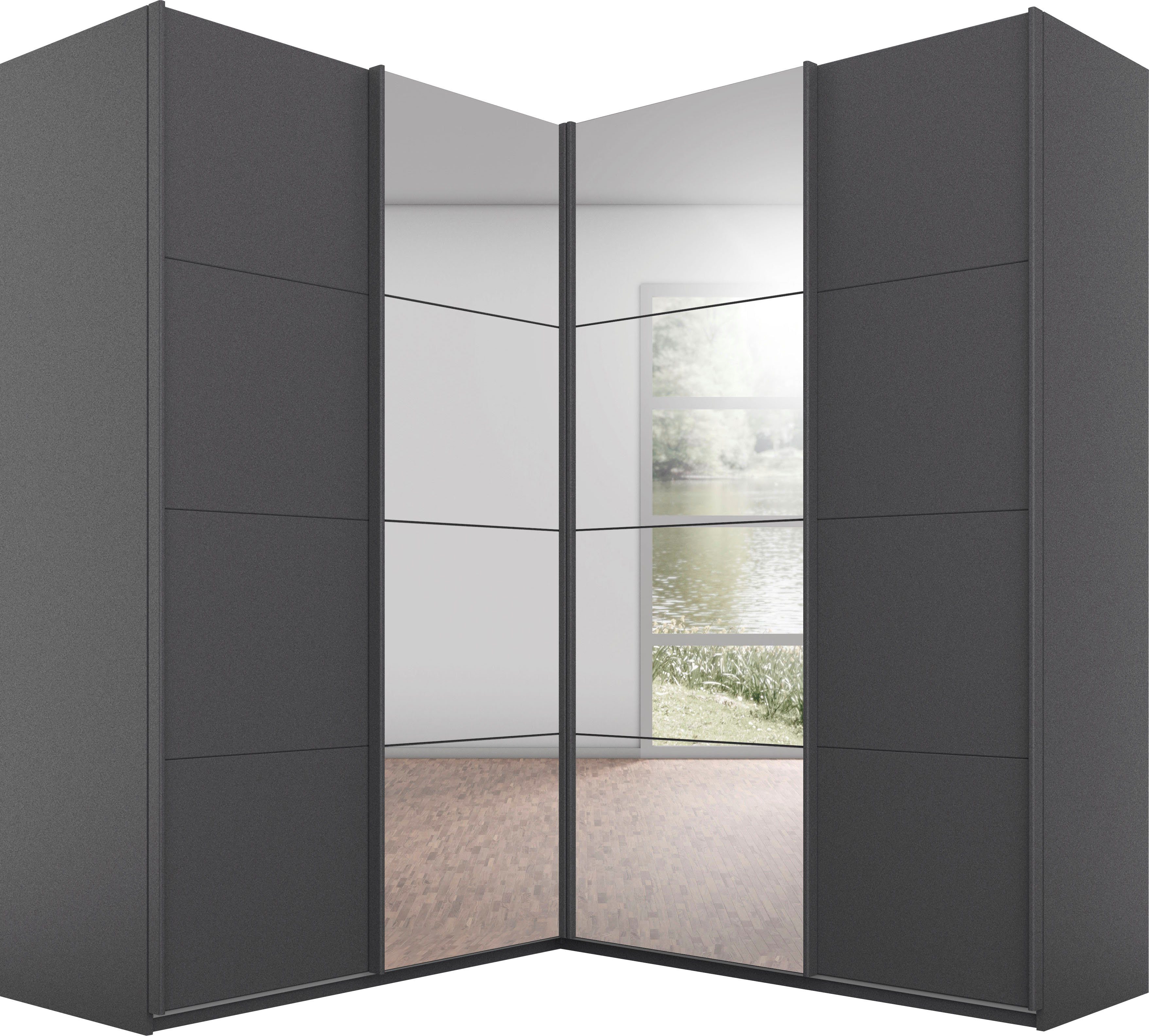 rauch Schwebetürenschrank Schrank Garderobe Eckkleiderschrank QUADRA Front in Dekor/Hochglanz (in den Höhen 210/229 cm, inkl. Soft-Close-Funktion) großer Eckschrank mit viel Stauraum, Maß 181x187 cm MADE IN GERMANY