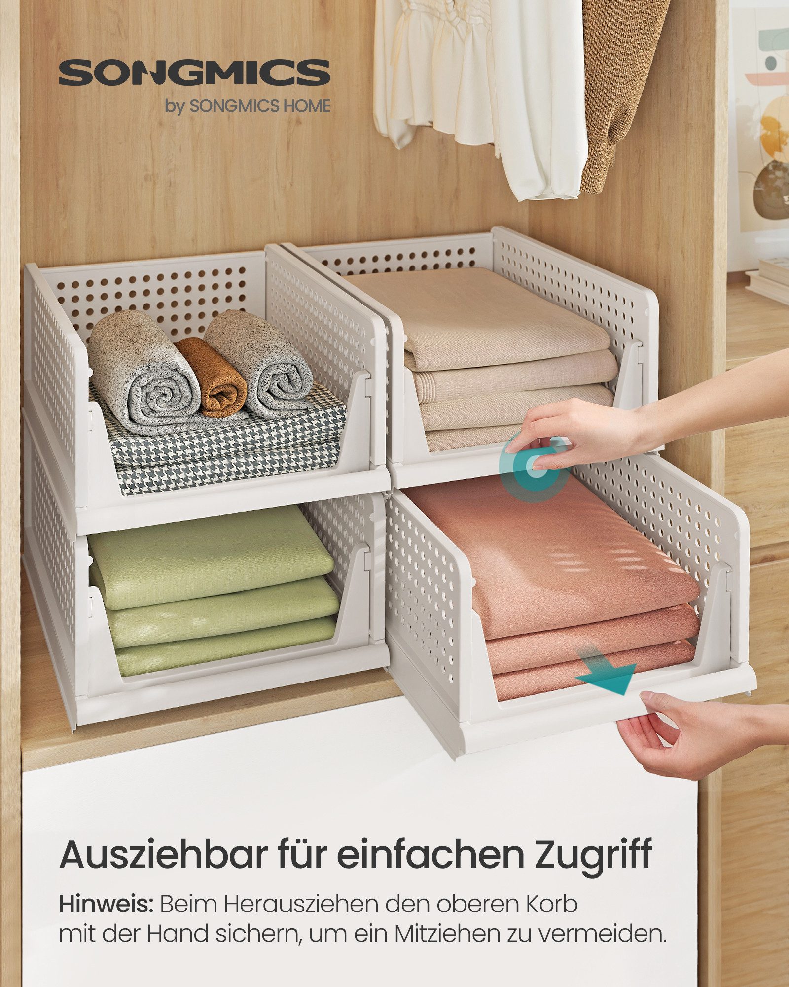 SONGMICS Aufbewahrungsbox Schrank-Organizer klappbar, Kleiderschrank-Organizer stapelbar (4 St), Aufbewahrung & Organisation, ausziehbarer Korb, 4er/6er Set