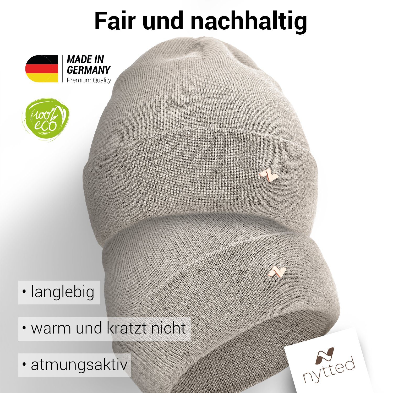 & - für Herren Damen 100% - sand - Beanie Merino-Wolle Made Wintermütze in Germany NYTTED®