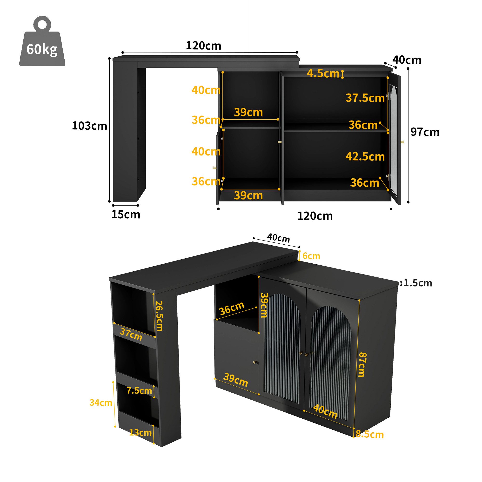 IDEASY Bartisch Hauptkörper 120 x 40 x 97 cm, Um 360° drehbarer Ess- und Ba günstig online kaufen