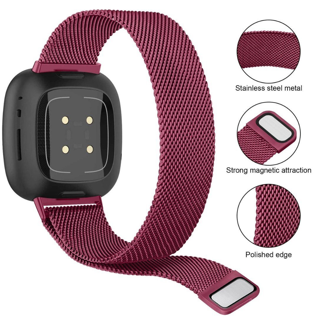 zeitloses Atmungaktiv, 3 Uhrenarmband SmartUP stufenlos Milanese, Pink verstellbar Für Fitbit Edelstahl Design, Magnetisches Armband Versa