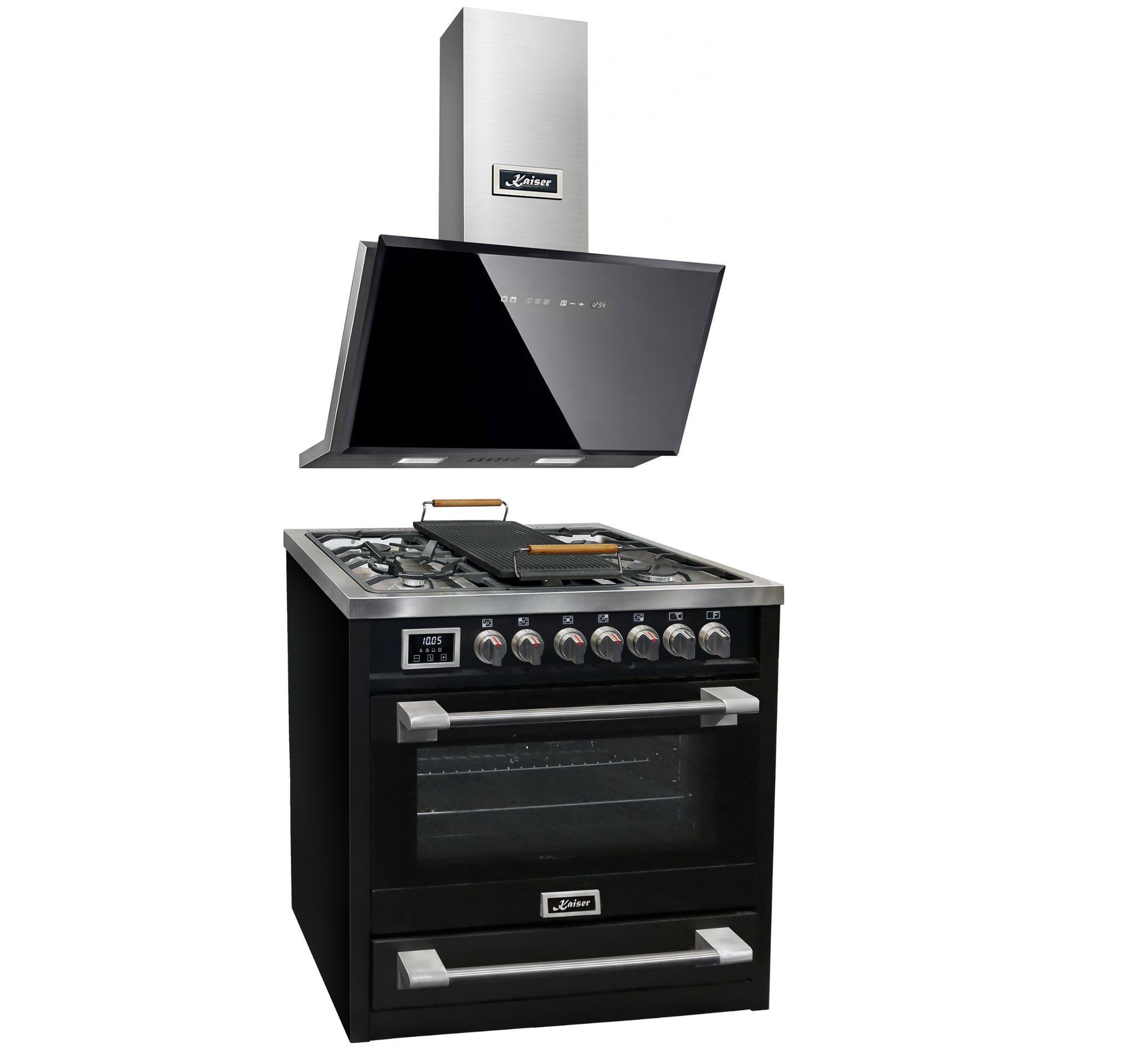 Kaiser Küchengeräte Gas-Standherd Gasherd mit XXL Elektrobackofen 115L, Heißluftsystem, Infrarotgrill, Drehspieß HGE 93505 s+AT 9430 F ECO., mit 2-fach-Teleskopauszug, Katalytische Selbstreinigung, Gasherd mit Elektrobackofen + Dunstabzugshaube 90 cm 1250 m3/h