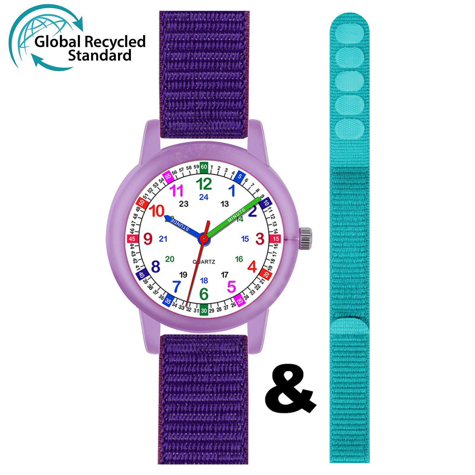 Brecjon Quarzuhr Kinderuhr Armbanduhr Lernuhr Kunststoff Klettarmband nachhaltig, Ideal als Geschenk zur Einschulung für Lernstarter im Set oder einzeln