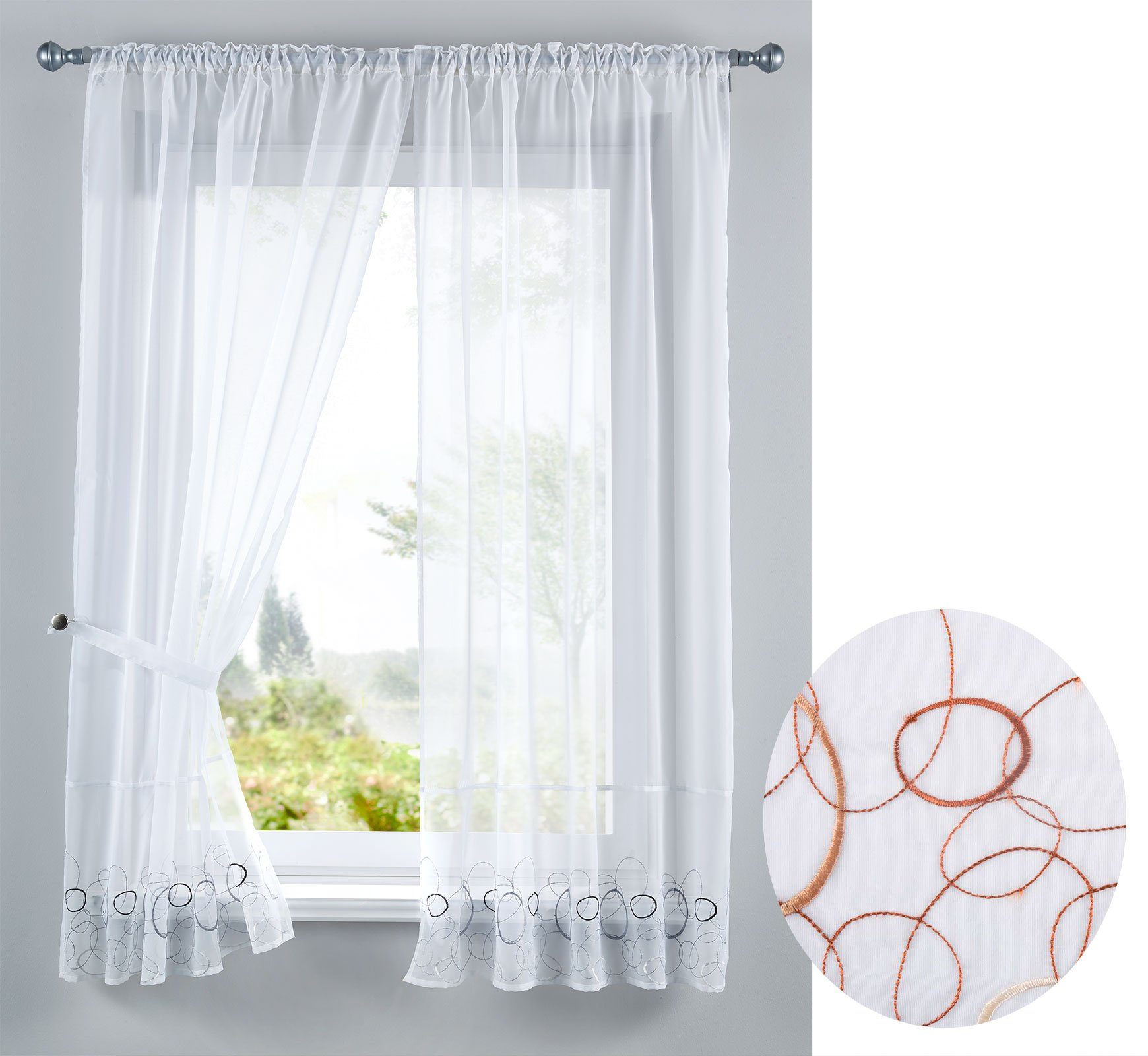 Set 112230 Braun transparent, St), Stangendurchzug Gardine, Raffhalter Voile, (2 Gardinen Gardinenbox, Gardinenband Stickerei AURA Tunneldurchzug Tlg. 2