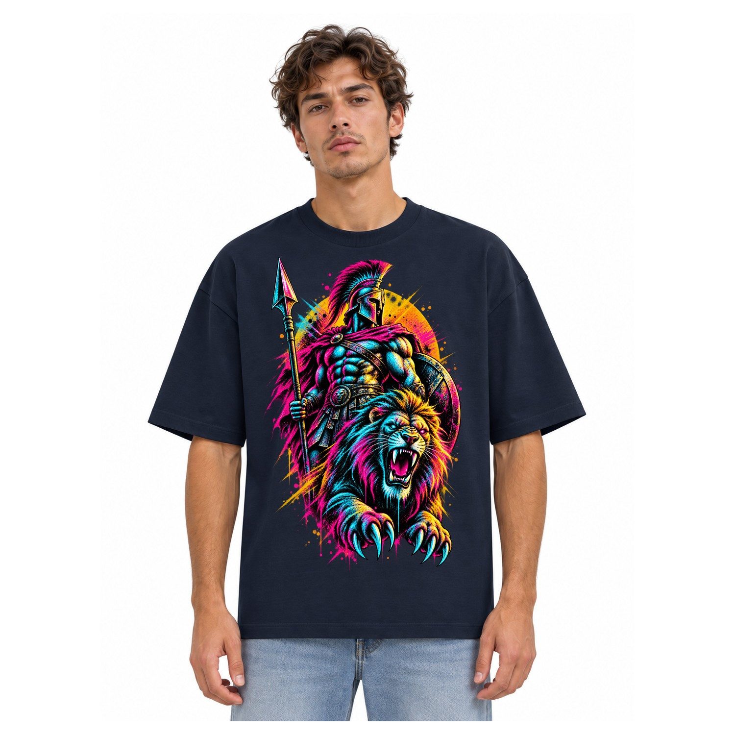 Blondie & Brownie T-Shirt Oversize T Shirt Herren Spartaner mit Löwe Speer und Schild Frontmotiv (Einzelartikel) Neonlegion Raubkatzenwächter