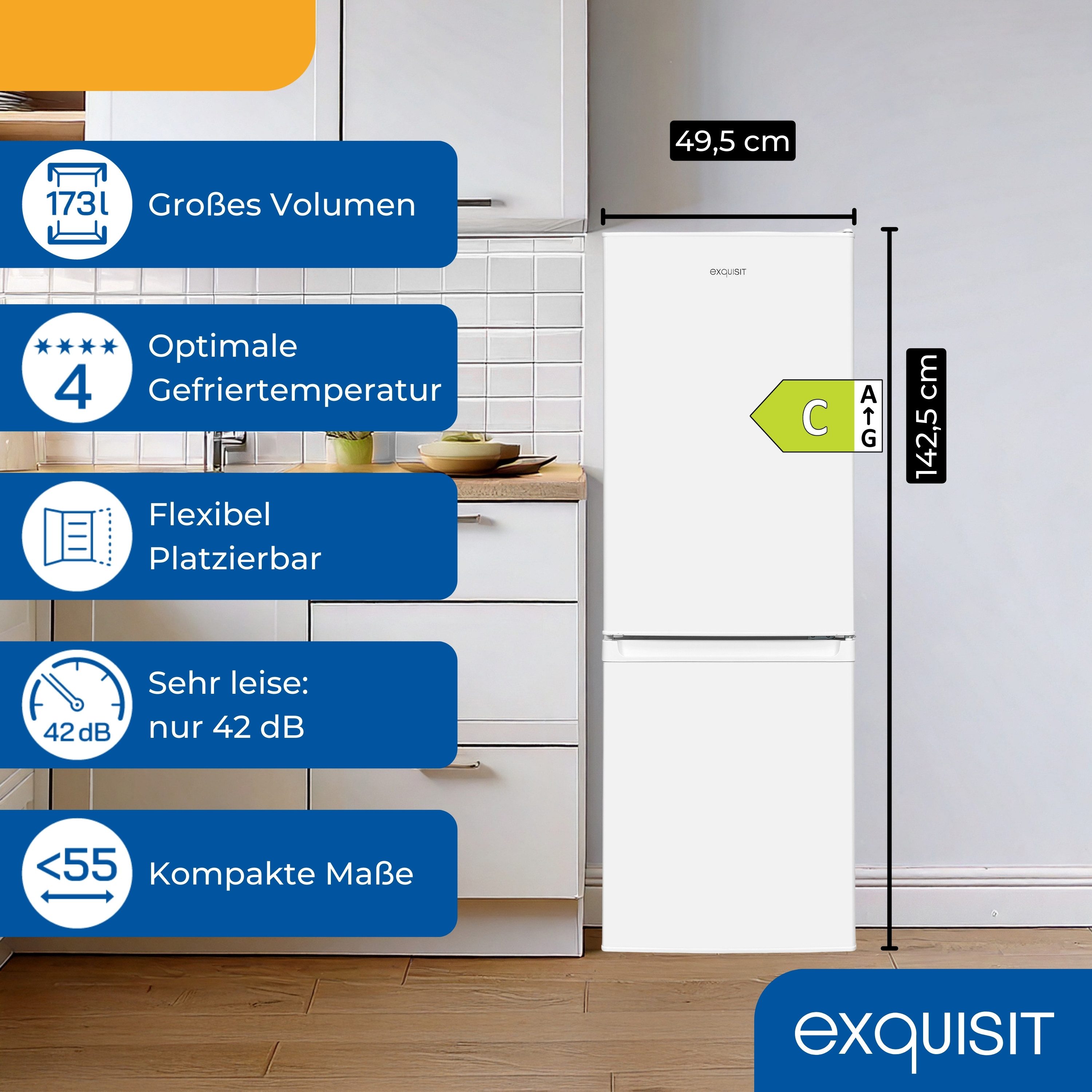 exquisit Kühl-/Gefrierkombination KGC5232-60-E-040C, 142.5 cm hoch, 49.5 cm breit, LED-Licht, 4-Sterne-Leistung, Elektronische Temperaturregelung